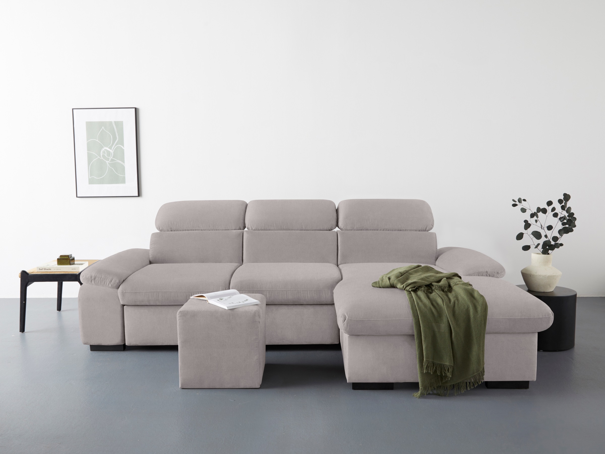 COTTA Ecksofa »Lola L-Form mit Kopfteilfunktion & Hocker«, (Set, mit Hocker), wahlweise mit Bettfunktion, Bettkasten & Armteilverstellung