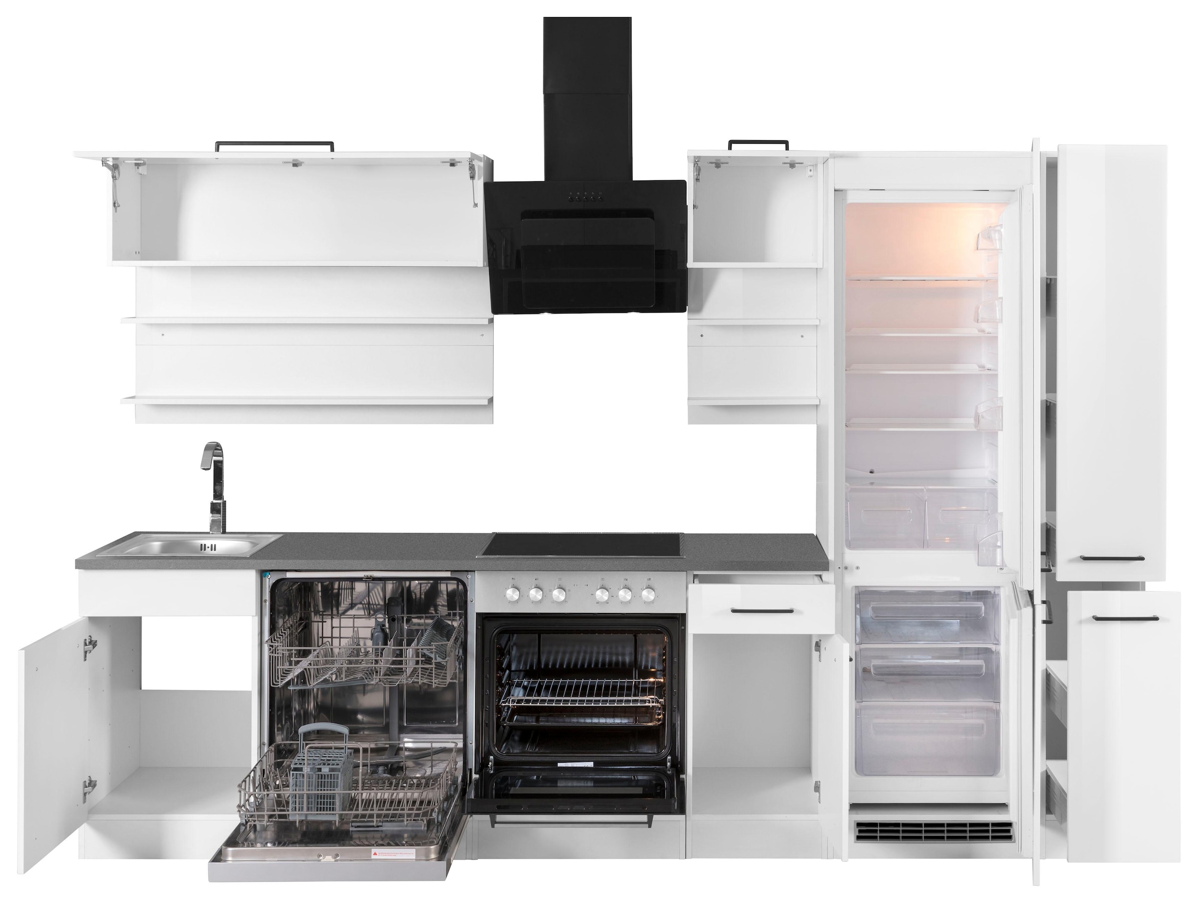 KOCHSTATION Küchenzeile »KS-Tulsa«, mit E-Geräten, Breite 300 cm, schwarze Metallgriffe, MDF Fronten
