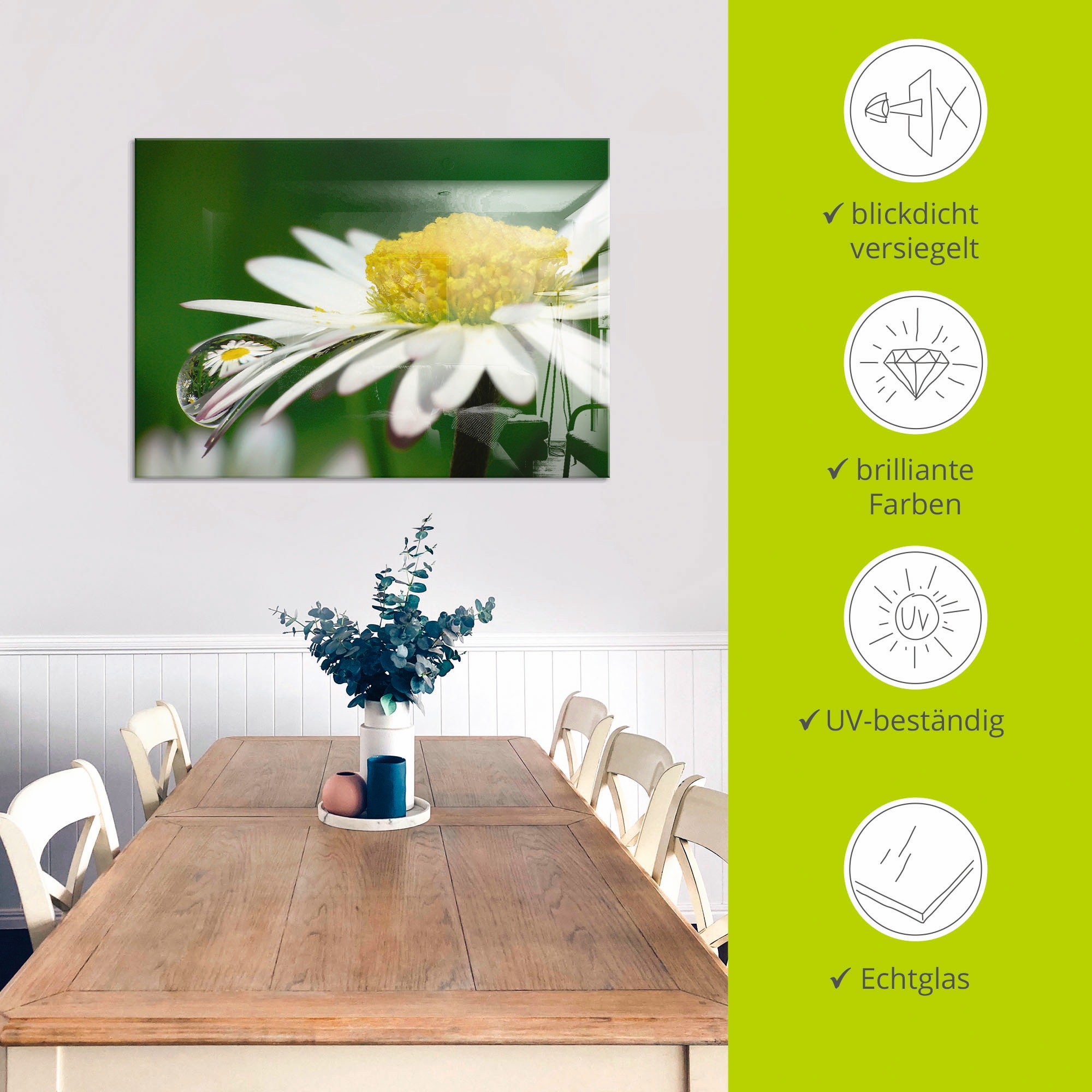Artland Glasbild »Gänseblümchen mit Wassertropfen«, Blumen, (1 St.), in verschiedenen Größen