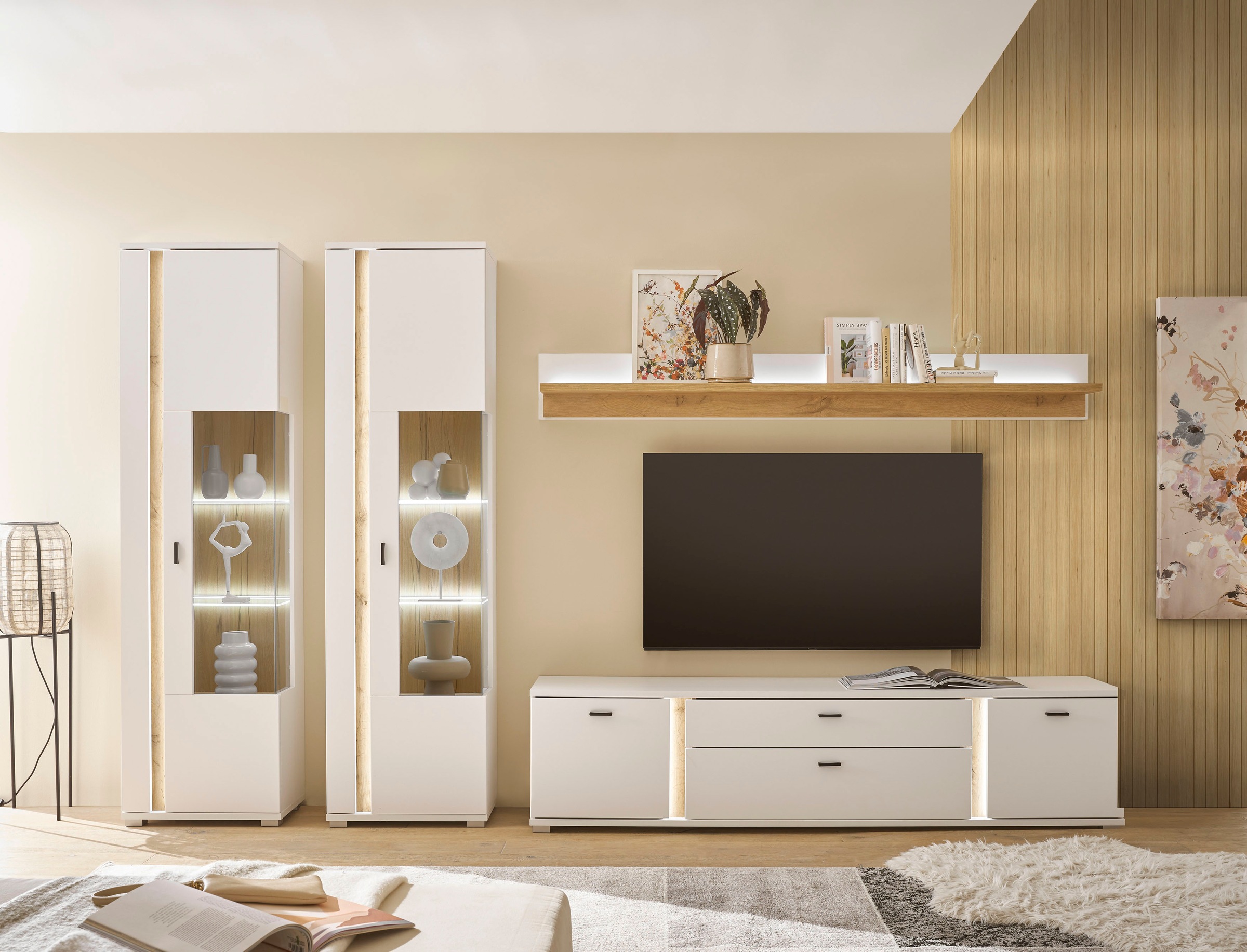 INOSIGN Wohnwand »LONG ISLAND«, (Set, 4 St.), in moderner Trendfarbe,inklusive senkrechter Beleuchtung,Breite 330 cm