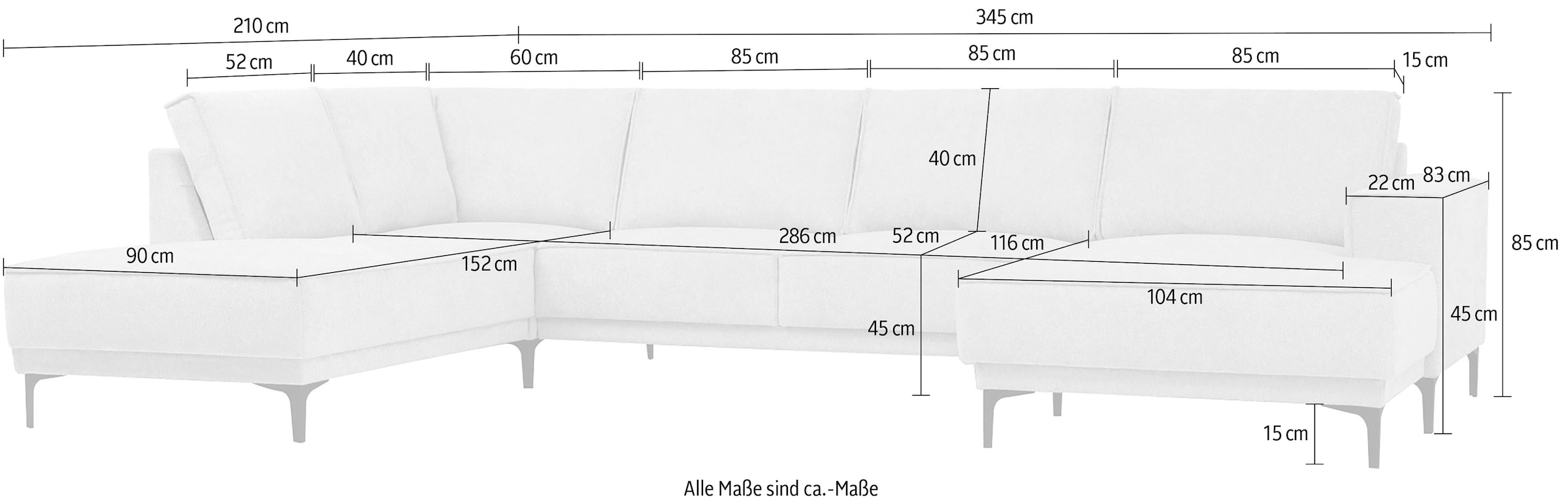 Places of Style Wohnlandschaft »XXL Sofa Oland, Struktur, Flachgewebe, Luxus-Microfaser, Boucle«, U-Form, 345 cm, Wellenunterfederung, Skandi-Design, Metallfüße