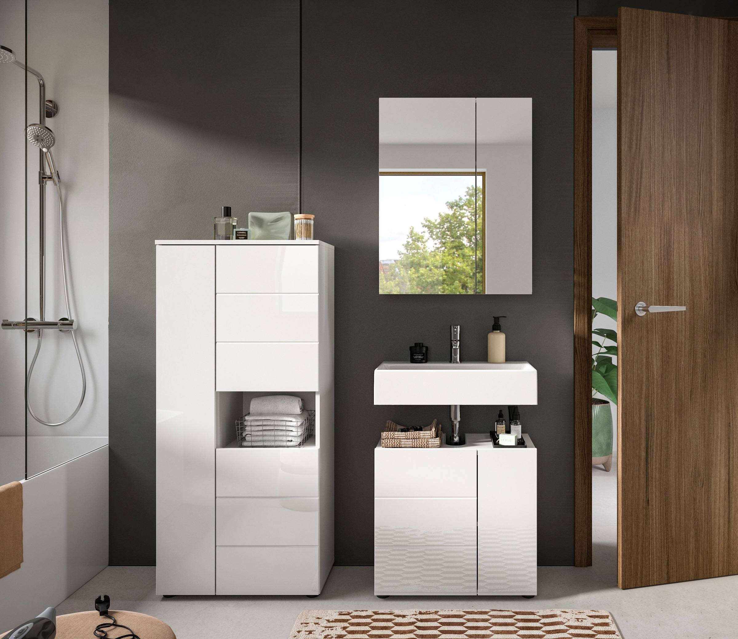 welltime Badmöbel-Set »Biel, Höhe 190 cm, Midischrank, Unterschrank, Spiegelschrank«, (3 St.), Bad Set, modernes Design, Hochschrank, Unterschrank, Spiegel