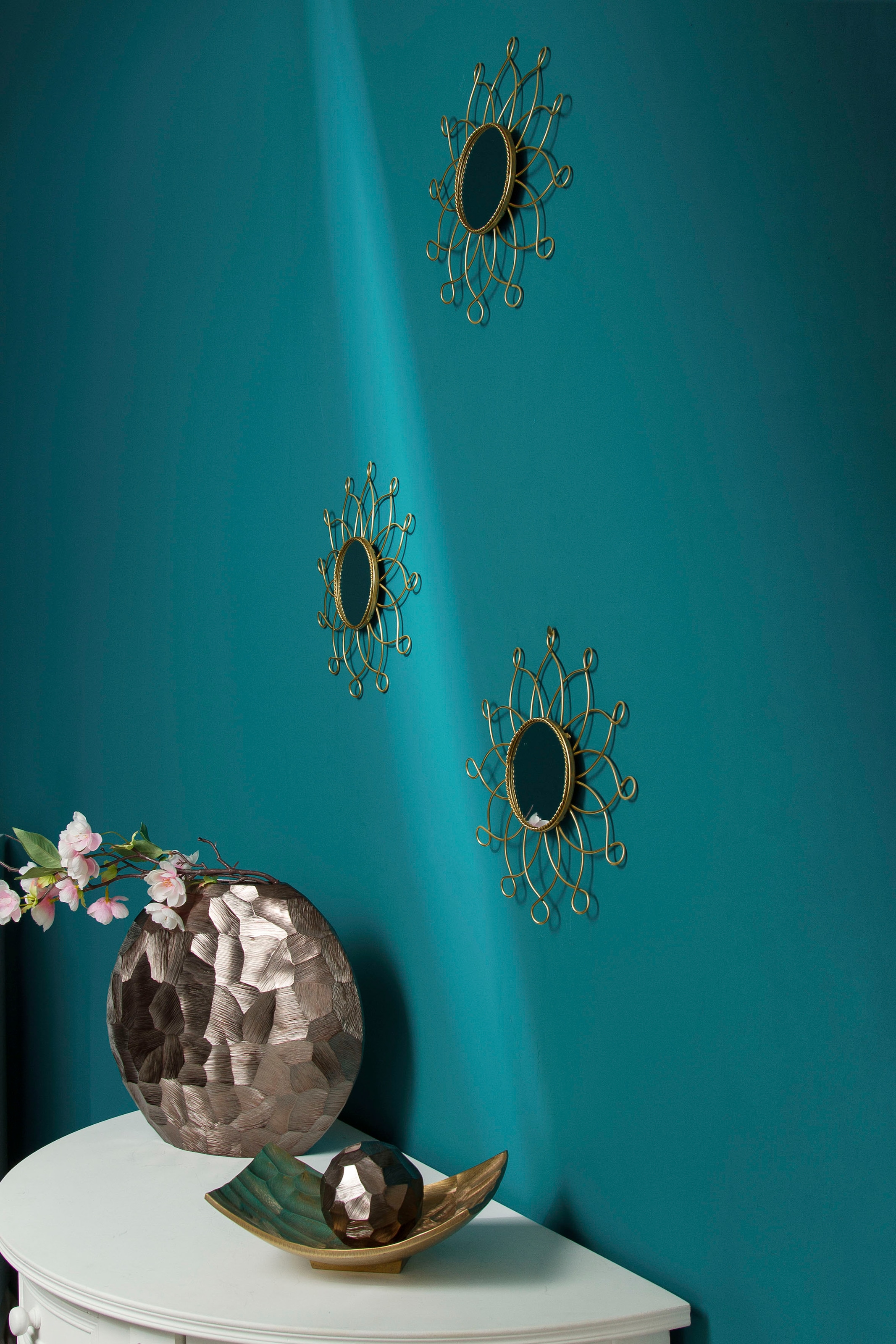 Myflair Möbel & Accessoires Dekospiegel »Aruba, gold«, (Set, 3 St.),  Wandspiegel, Wanddeko, Rahmen aus Metall, rund, Blütenform, Wohnzimmer auf  Raten bestellen