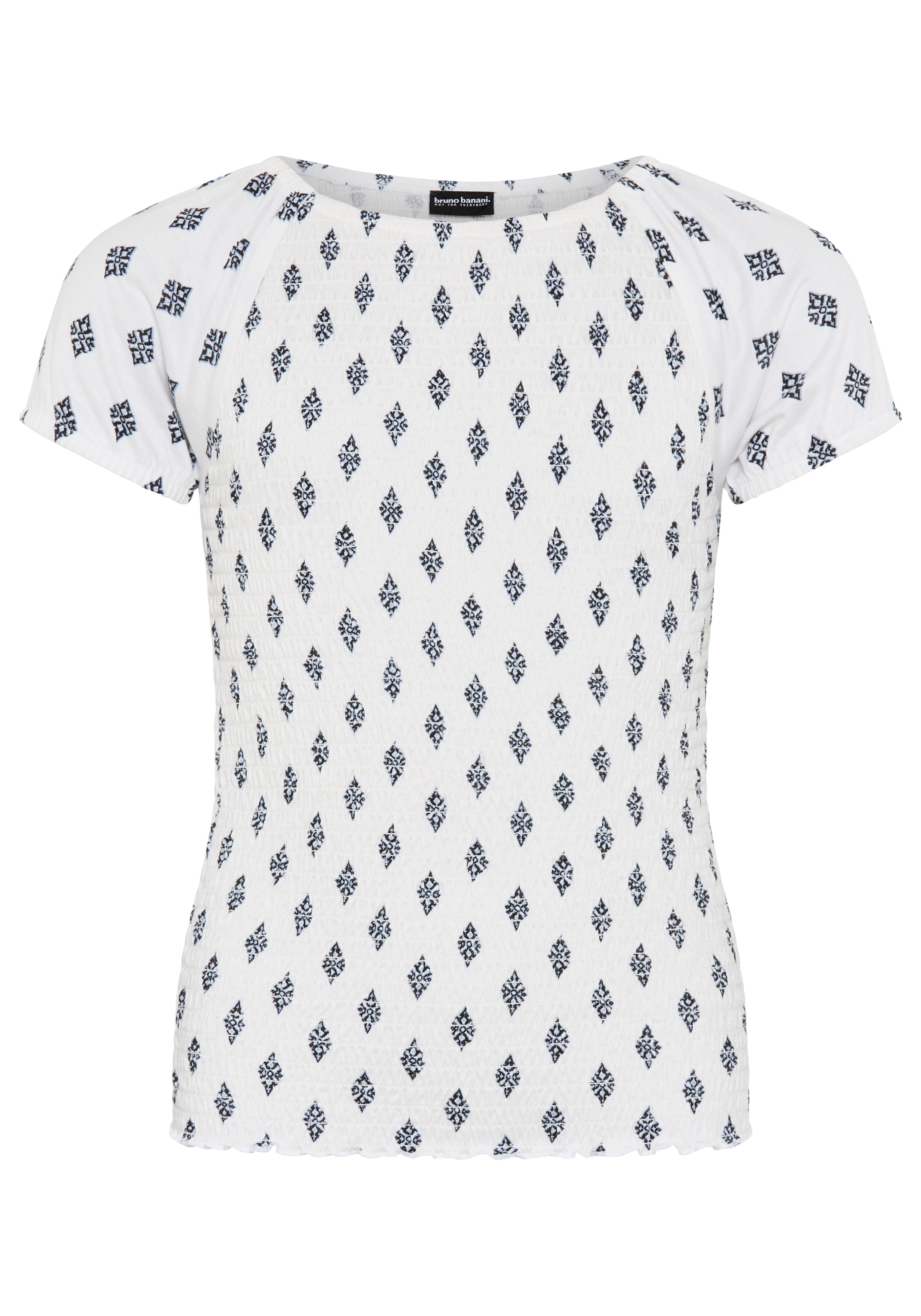 Bruno Banani T-Shirt »Viskose-Allover gemustertes Shirt, Smoke Carmenshirt für Mädchen« modischer Stil, Kurzarm, mit Carmenausschnitt, Allover-Druck