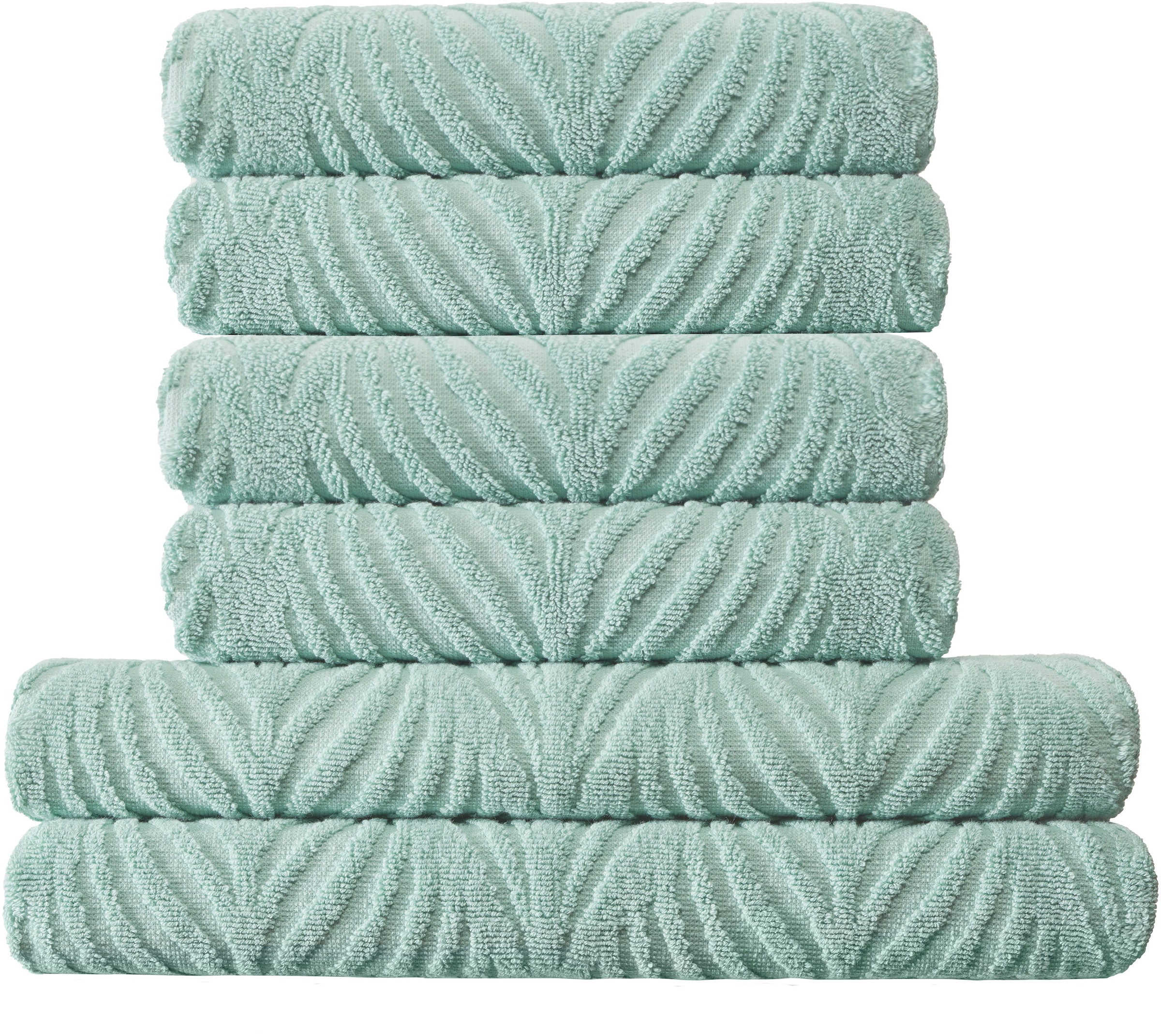 Kleine Wolke Handtuch Set »Leaf«, (Set, 6 St., 4 Handtücher 50 x 100 cm-2 Duschtücher 70 x 140 cm), 100% Baumwolle, Blatt Motiv, Hoch-Tief Optik, Bordüre, weich