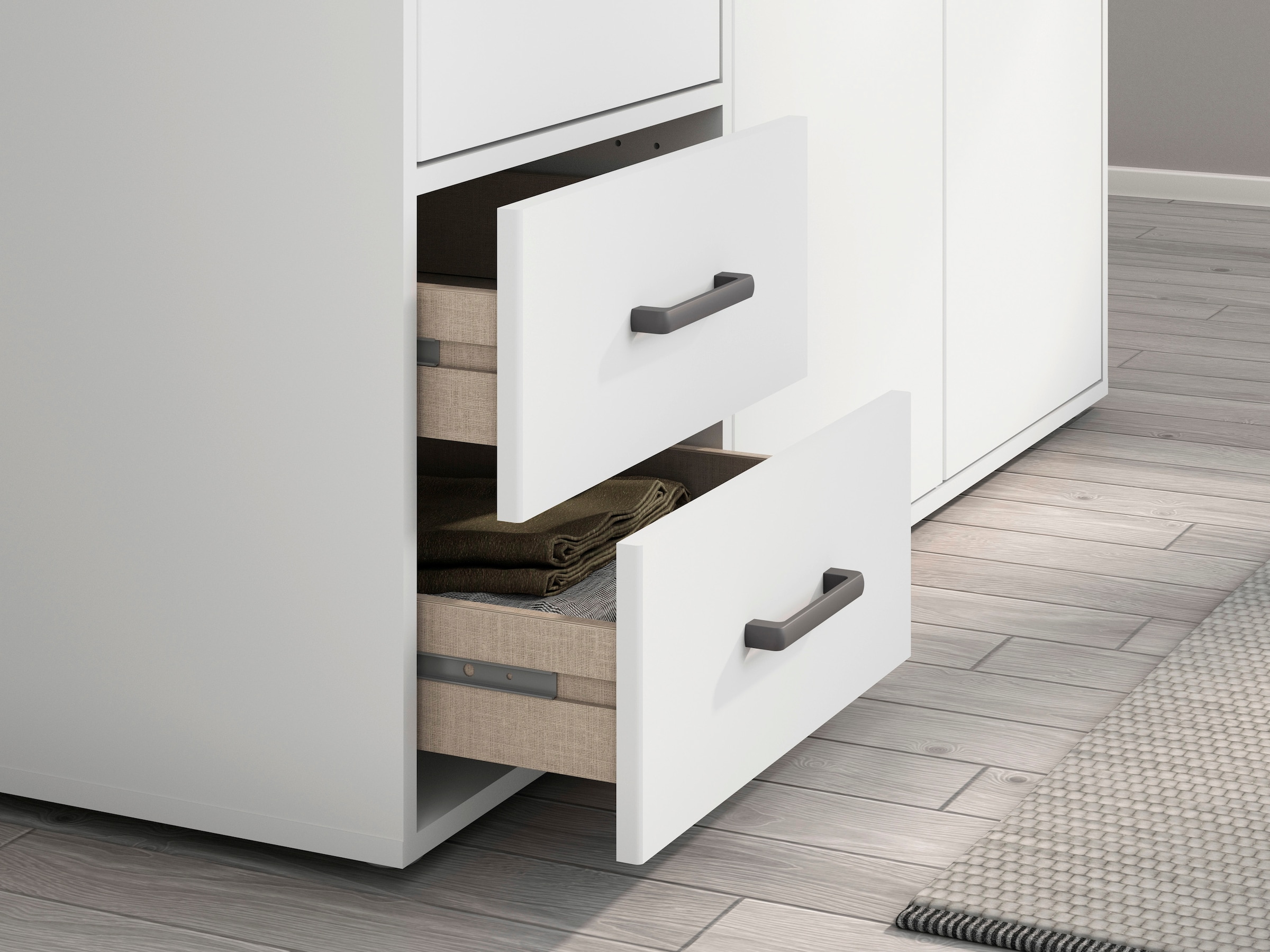 rauch Drehtürenschrank »Kleiderschrank Schrank Garderobe Wäscheschrank VOYAGER«, (in 3 verschiedenen Ausstattungen BASIC/CLASSIC/PREMIUM), moderne Griffe in Graumetallic mit Außenschubkästen MADE IN GERMANY