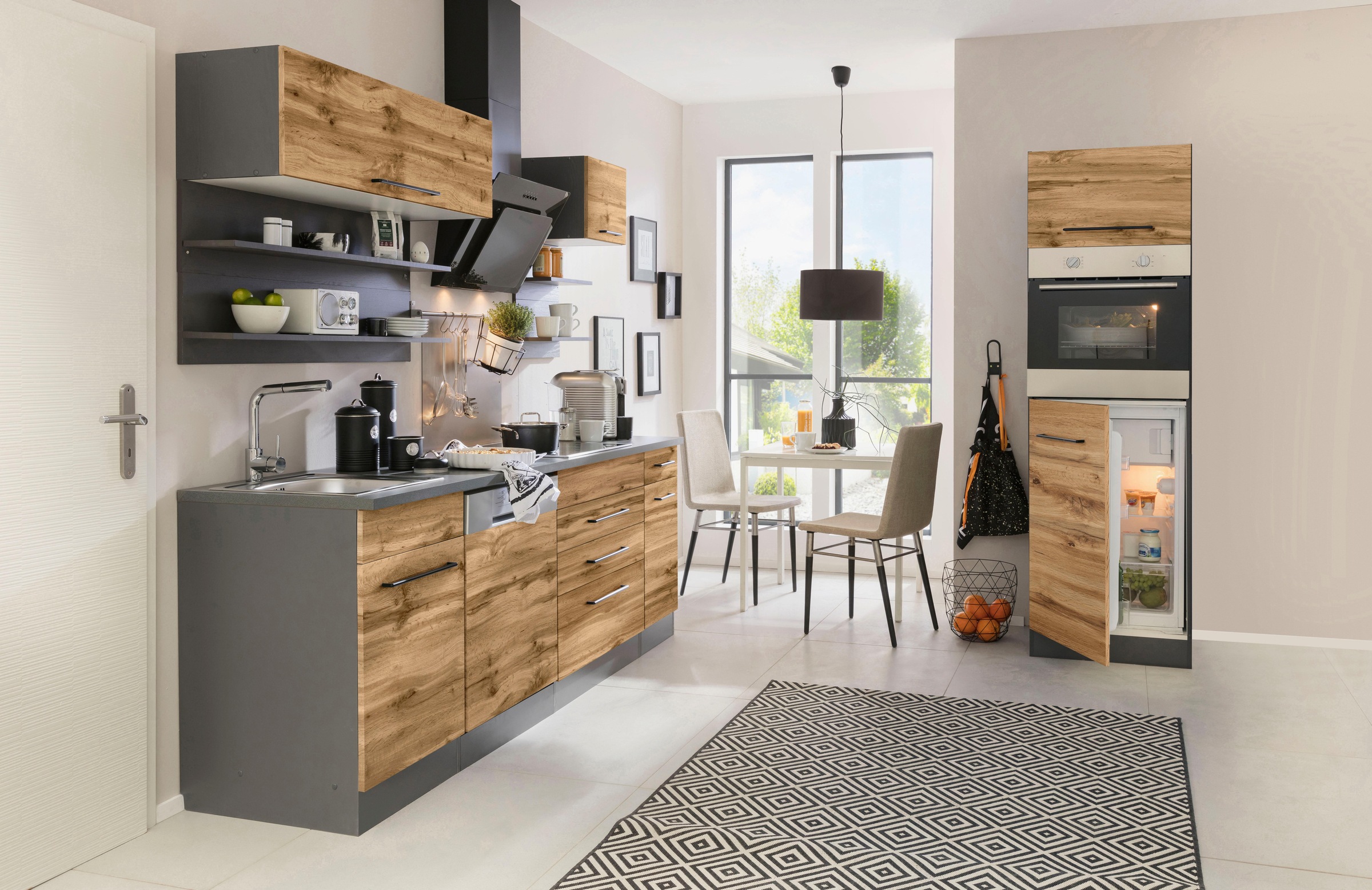 KOCHSTATION Küchenzeile »KS-Tulsa« mit E-Geräten, Breite 290 cm, schwarze Metallgriffe, MDF Fronten