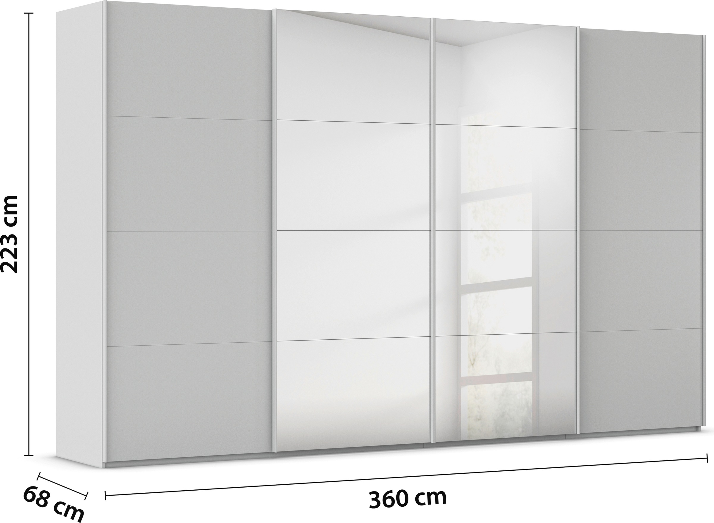 rauch Schwebetürenschrank »Kleiderschrank Schrank Garderobe Schlafzimmerschrank SCALE-FYRA«, edle viergeteilte Türen mit Spiegel und vielen Farben MADE IN GERMANY