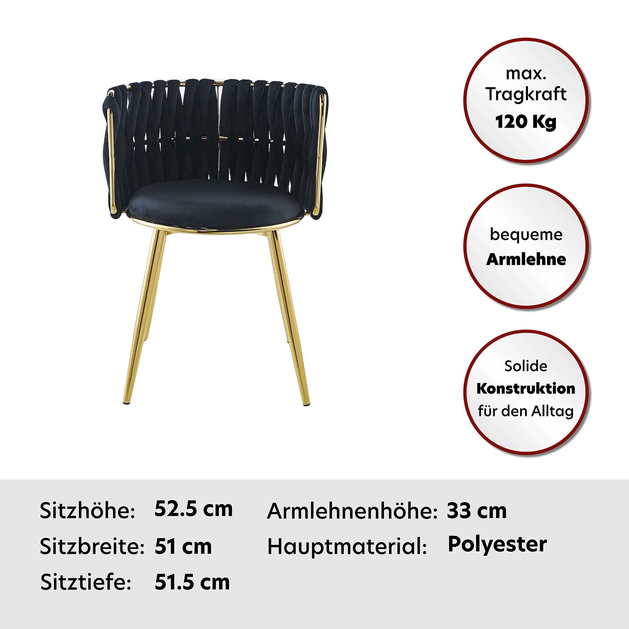 Kayoom Polsterstuhl »Stuhl Melly 125 2er-Set,tolles Design der Rückenlehne, runde Sitzfläch«, (Set), 2 St., ausgefallen geflochtene Rückenlehne, Samtbezug, goldene Beine