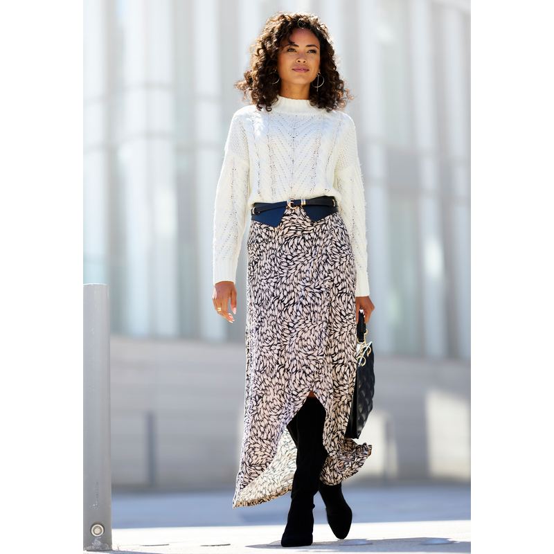 BUFFALO Jerseyrock mit Alloverprint, sommerlicher Maxirock in Wickeloptik schwarz-taupe bedruckt 42 42 Breiter Bund