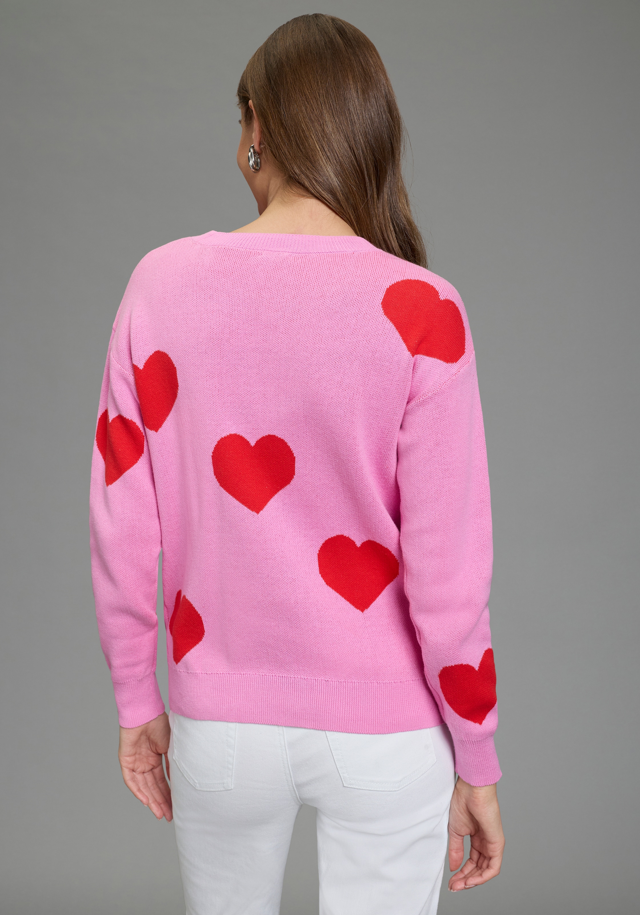 Laura Scott Jacquardpullover »aus angenehm leichtem Frühlingsstrick« aus Baumwolle mit knalligem Herzmuster