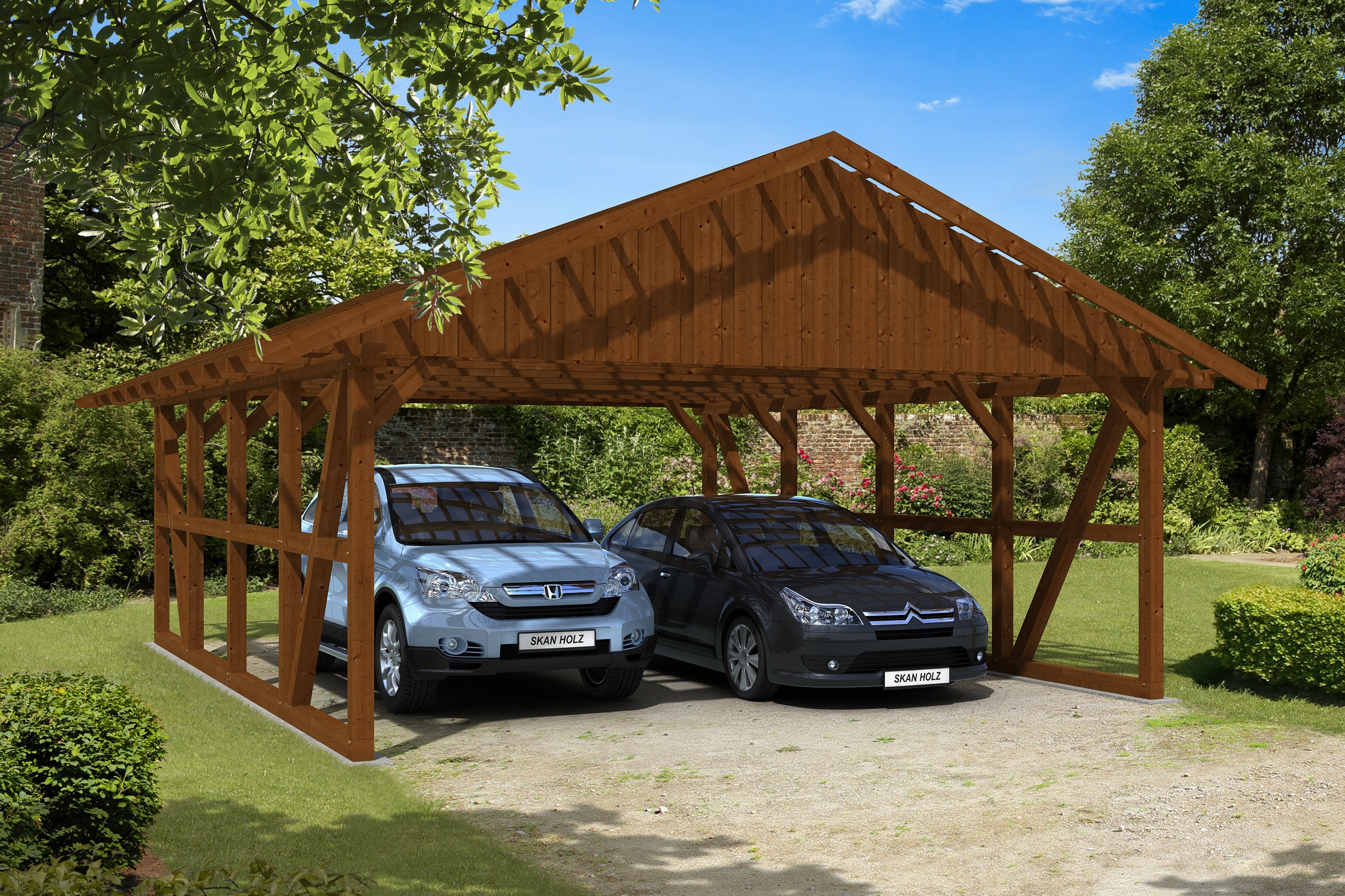 Skanholz Doppelcarport »Schwarzwald« Massivholz 560 cm Nussbaum mit Dachlattung