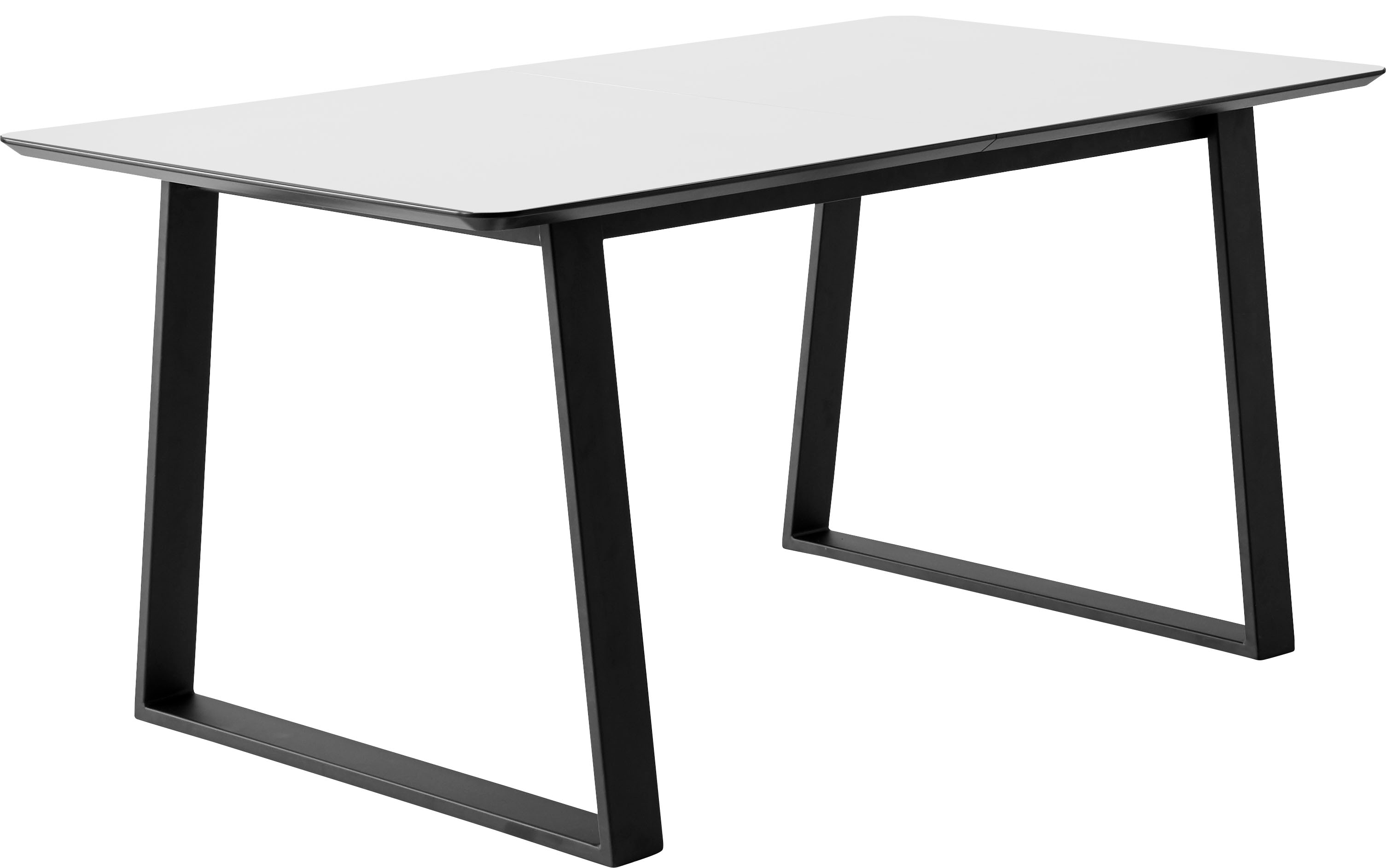 Esstisch „Meza by „, abgerundete Tischplatte MDF, Trapez Metallgestell, 2 Einlegeplatten, Weiß + Schwarz B/H/T: 210 cm x 73,5 cm x 100 cm