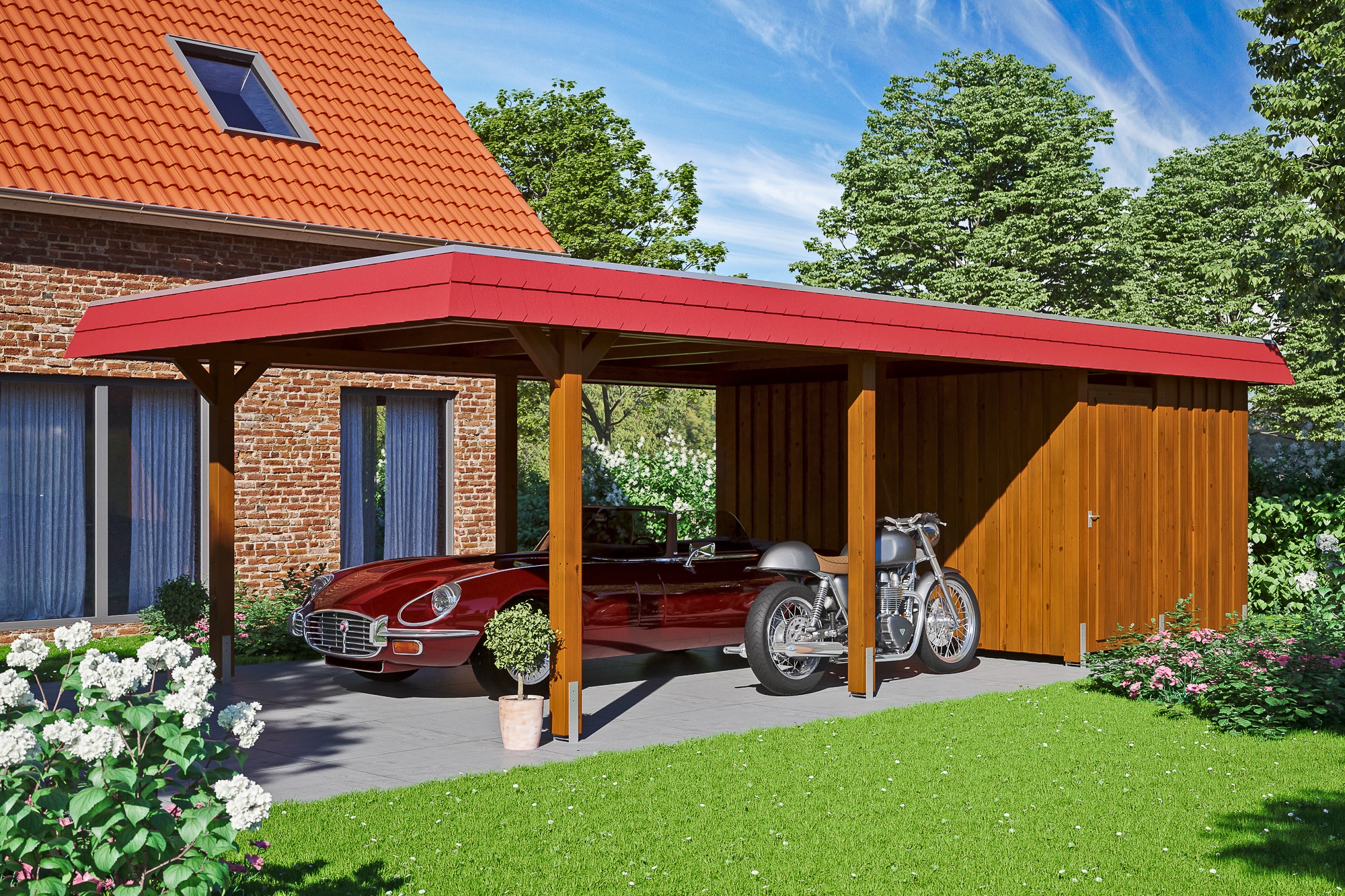 Skanholz Einzelcarport »Wendland« Leimholz 341 cm Nussbaum mit Abstellraum mit Aluminiumdach, rote Blende