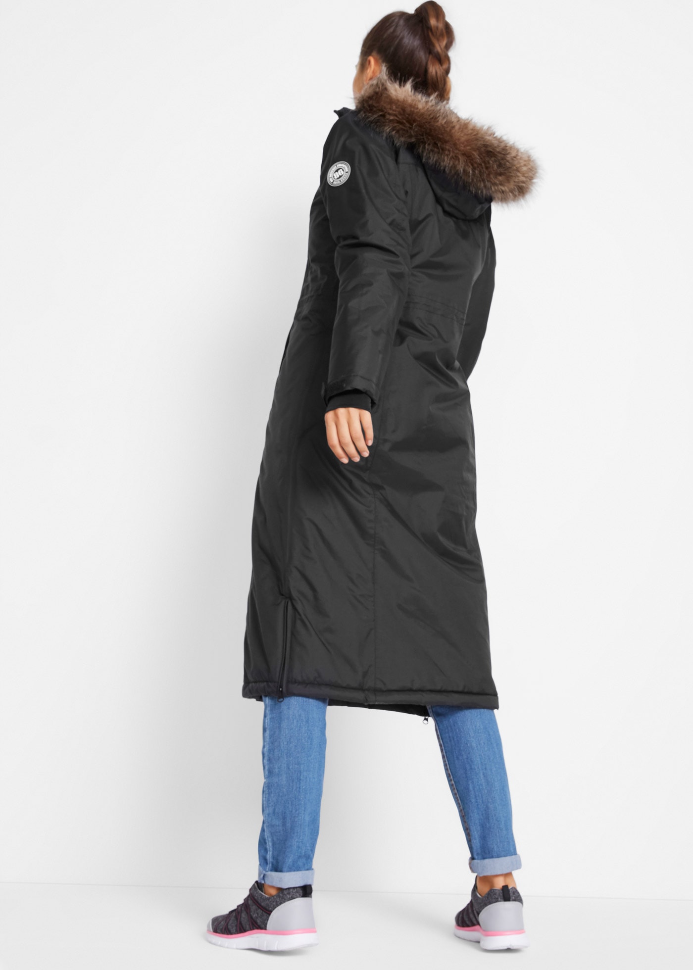 bonprix Wintermantel mit abnehmbarer Kapuze + Fellimitat, Daumenlöcher, Handy-Innentasche