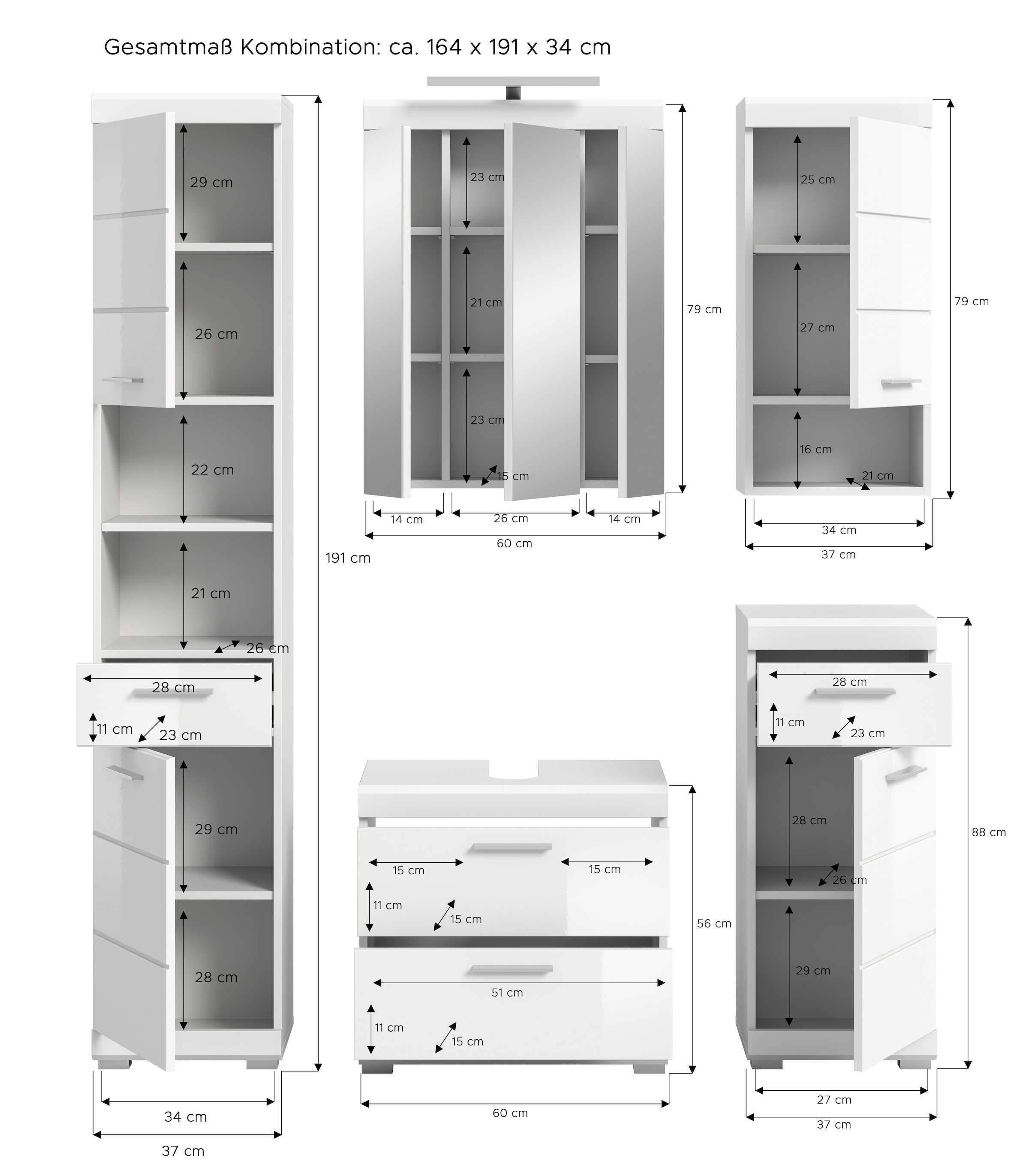INOSIGN Badmöbel-Set »Siena, 5 teilig, inklusive LED Beleuchtung, bestehend aus:«, (Set), Hochschrank, WBU, Spiegelschrank, Unterschrank, Hängeschrank