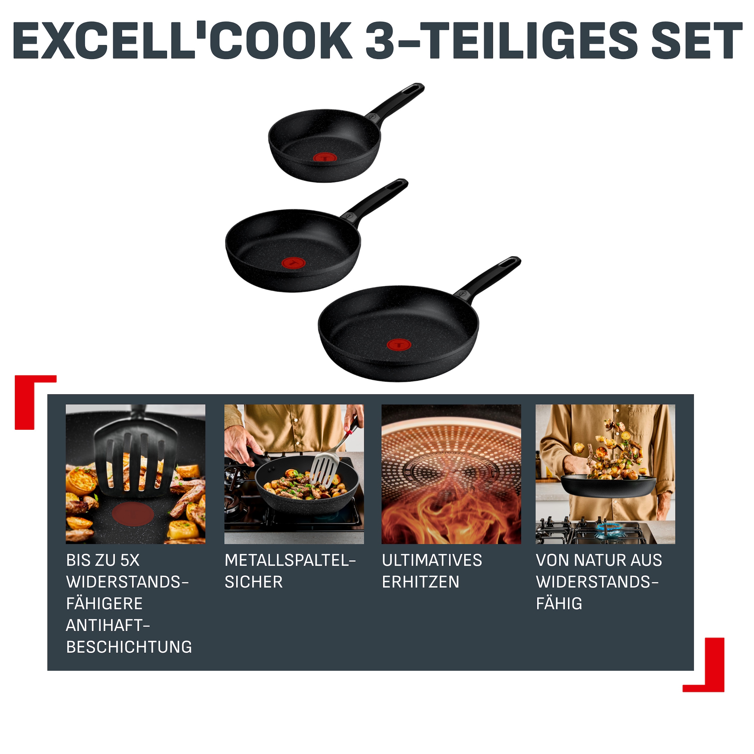 Tefal Pfannen-Set »Excell'Cook« Aluminium Set, je 1 Pfanne 20/24/28 cm, 3 tlg. leistungsstarke Antihaftbeschichtung, Induktion, metallspatelsicher