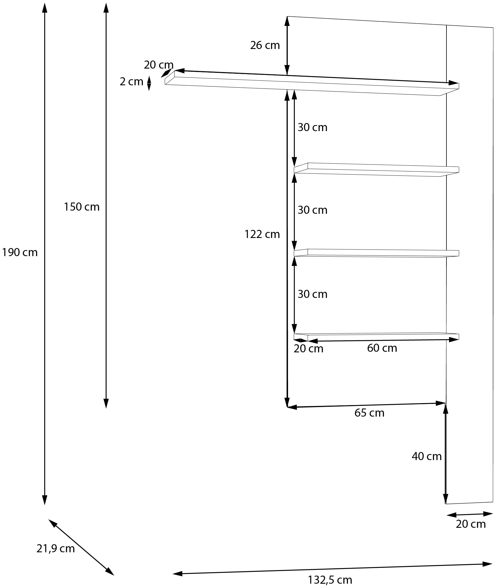 FORTE Wandregal B/H/T 132,5/190/21,9cm, 4 Ablageböden