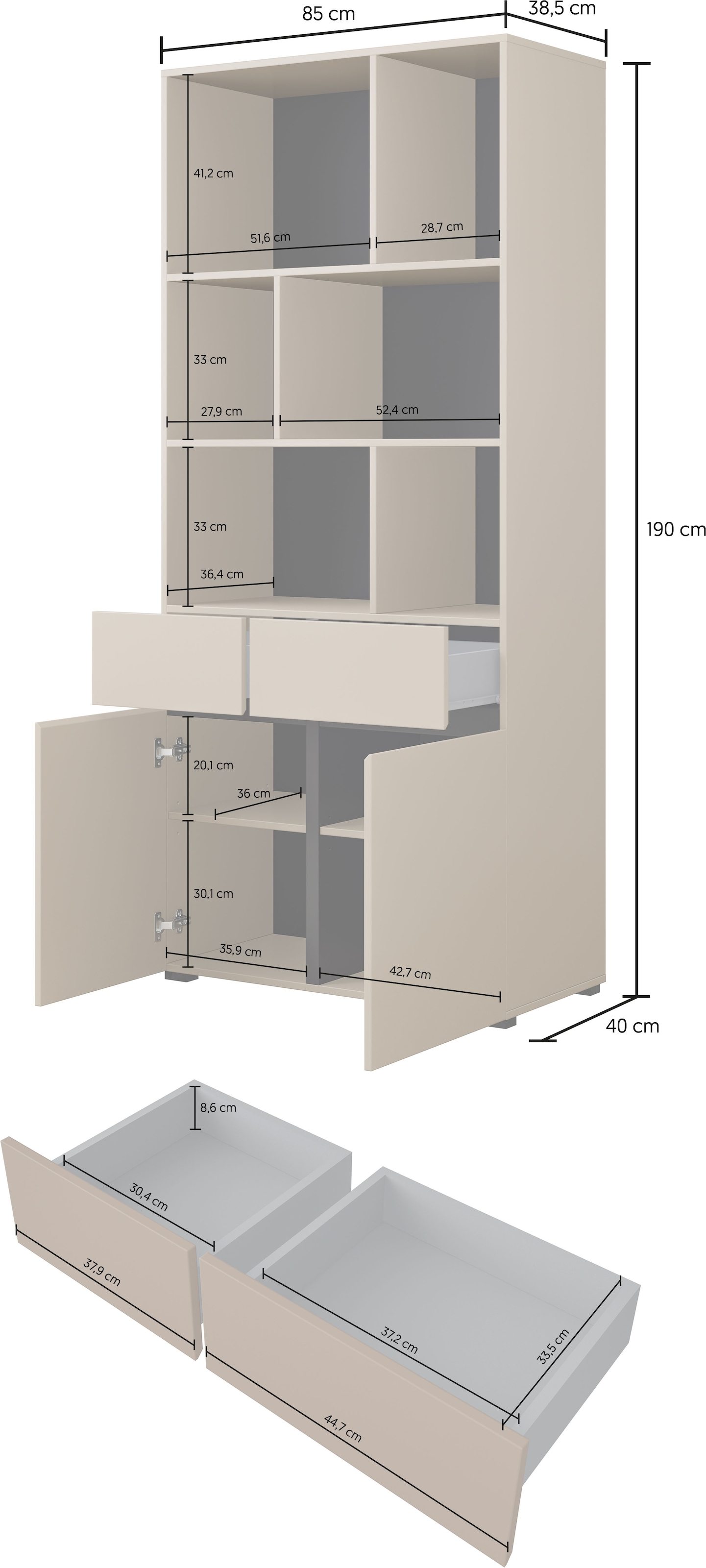 OTTO home Aktenschrank »Cross, Breite 85 cm, modernem grifflose Standregal, Bücherregal« Standregal mit 6 offene Fächern, 2 Schubladen und 2 Türen, Büroregal