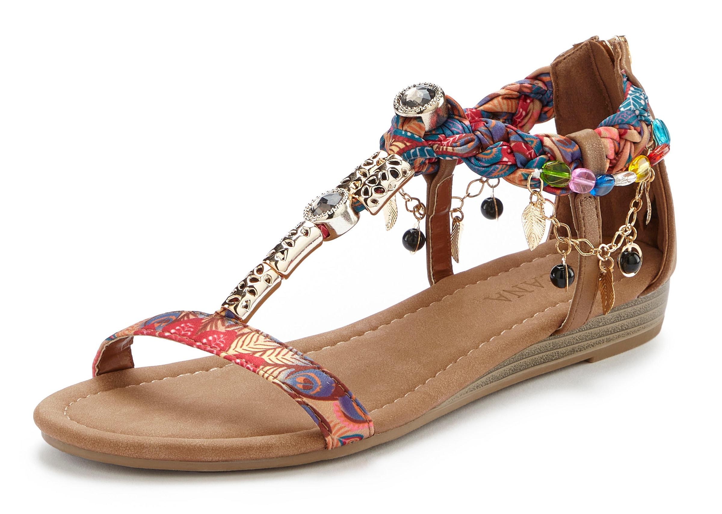 LASCANA Sandale »Sommerschuh, Sandalette, offener Schuh,«  mit Schmuckkettchen und Schmucksteinen im Festival-Look VEGAN