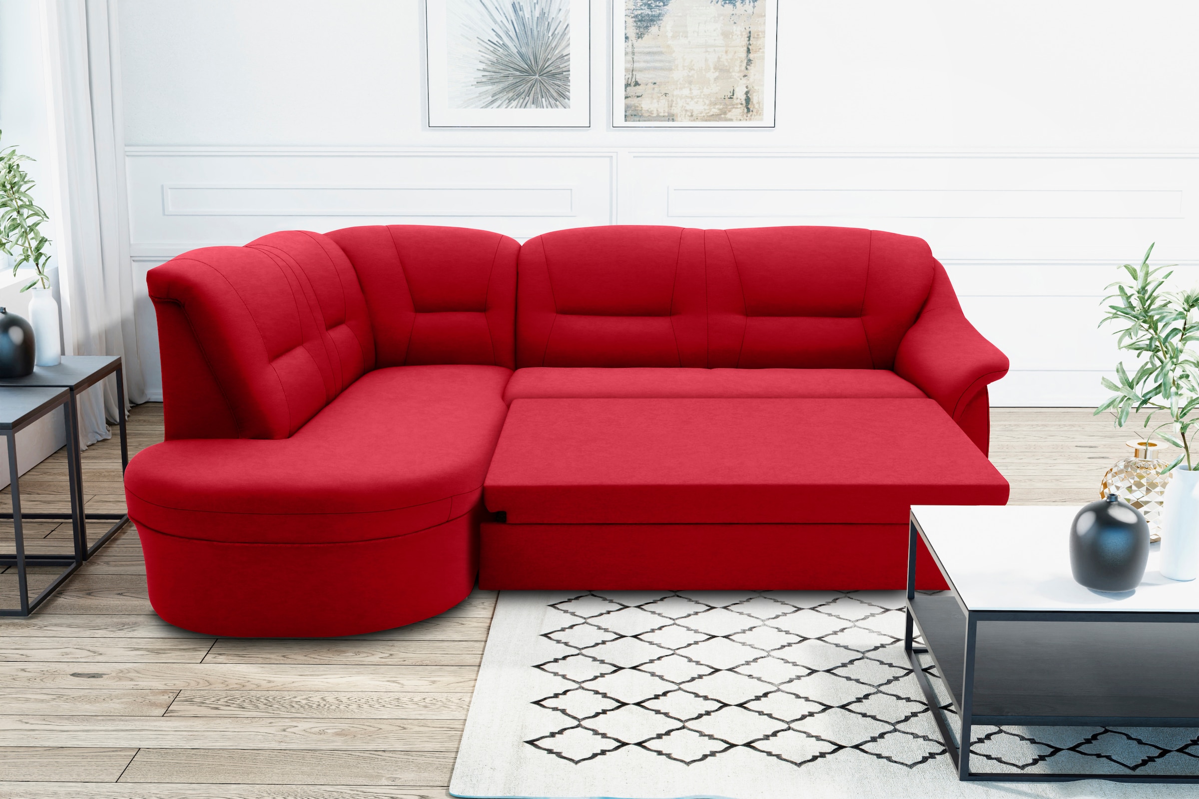 DOMO collection Ecksofa »Faenza für kleine Räume, Stellmaße 232,176cm, komfortabel, L-Form«, mit Ottomane, zeitlos, elegante Armlehnen, wahlweise mit Bettfunktion