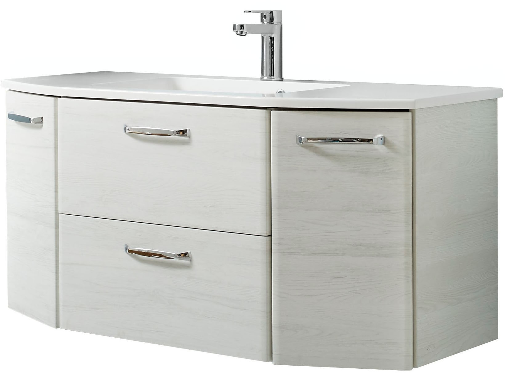 Saphir Badmöbel-Set »Quickset 936 4-teilig, Mineralmarmor-Waschtisch und LED-Spiegelschrank«, (Set, 4 St.), 2 Hochschränke, Eiche Weiß quer Nachbildung, inkl. Türdämpfer, 9 Türen