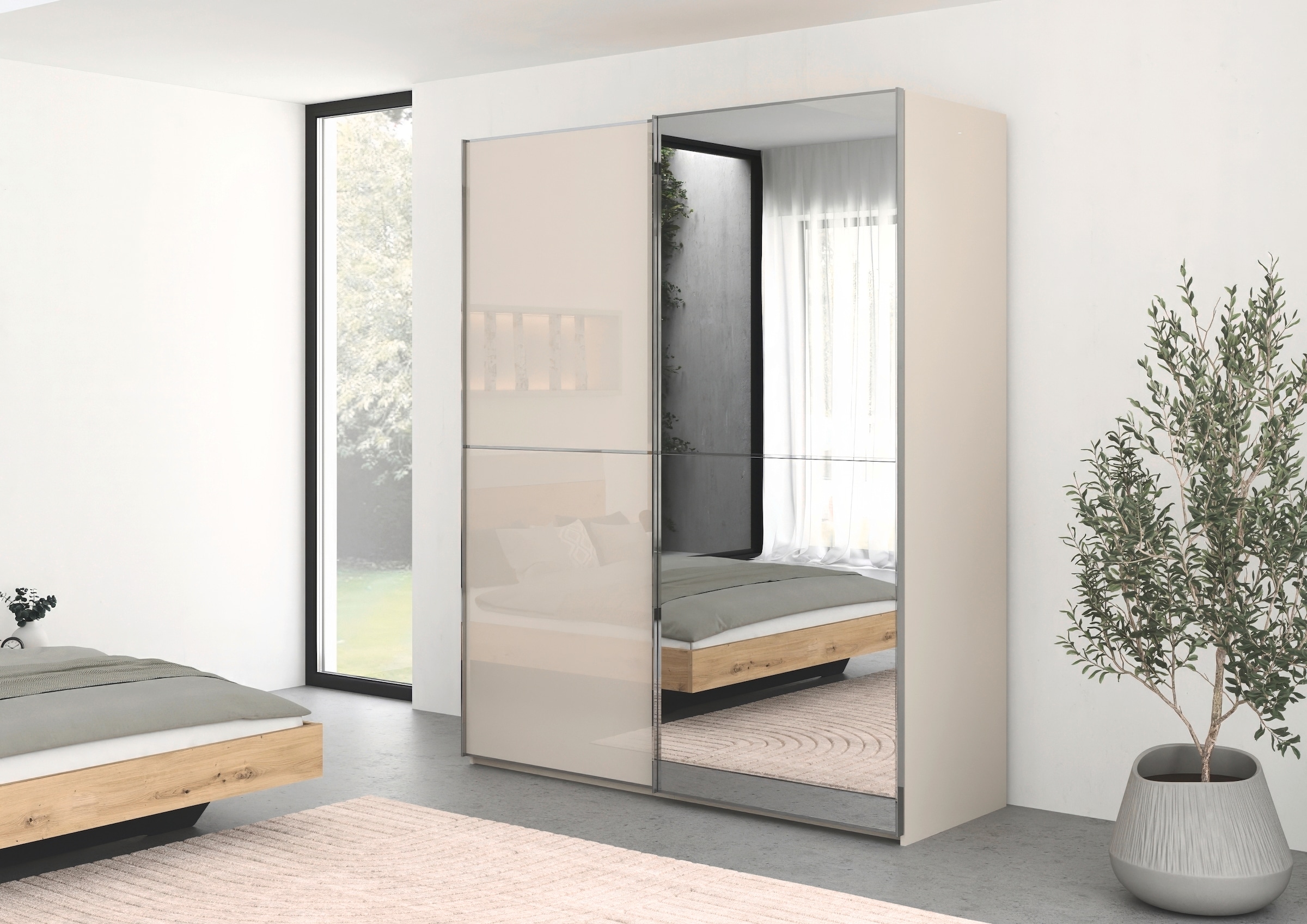 rauch Schwebetürenschrank »Kleiderschrank Schrank Garderobe Schlafzimmerschrank SCALE-DUO« edle zweigeteilte Türen Spiegel/Glas-Mix 3 Zierleisten MADE IN GERMANY