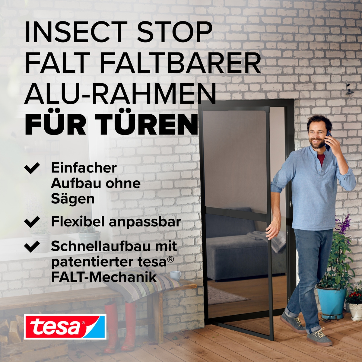tesa Insektenschutz-Tür »Insect Stop Falt Fliegengitter für Türen - max. 1 m : 2,20 m«, mit verstellbarem Rahmen aus Aluminium - ohne Bohren