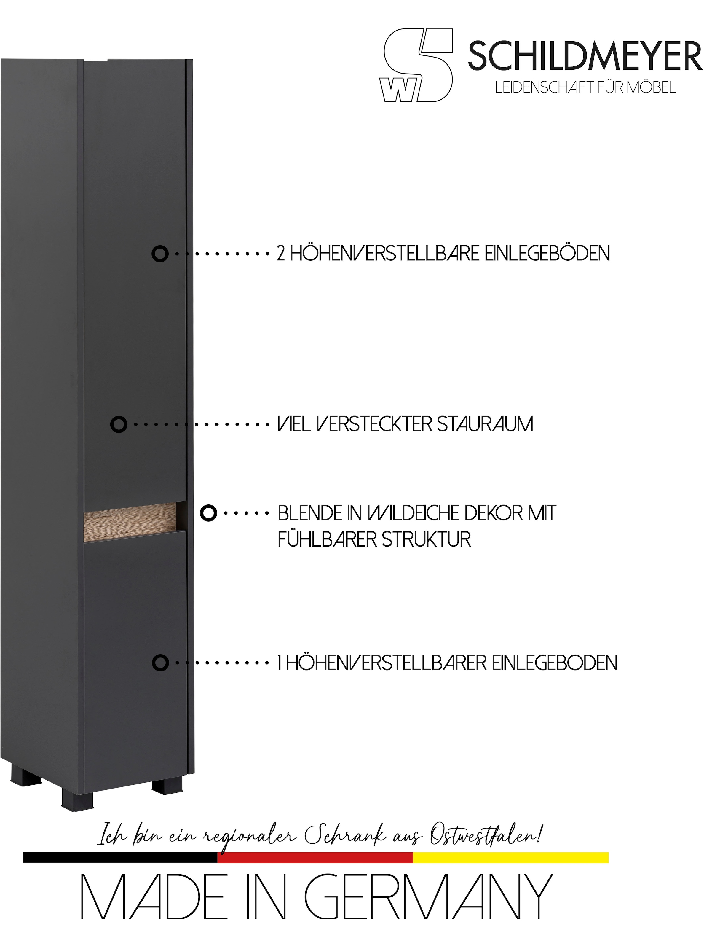 Schildmeyer Hochschrank »Cosmo in verschiedenen Farben made in Germany«, Höhe 164,5 cm, Badezimmerschrank, Blende im modernen Wildeiche-Look