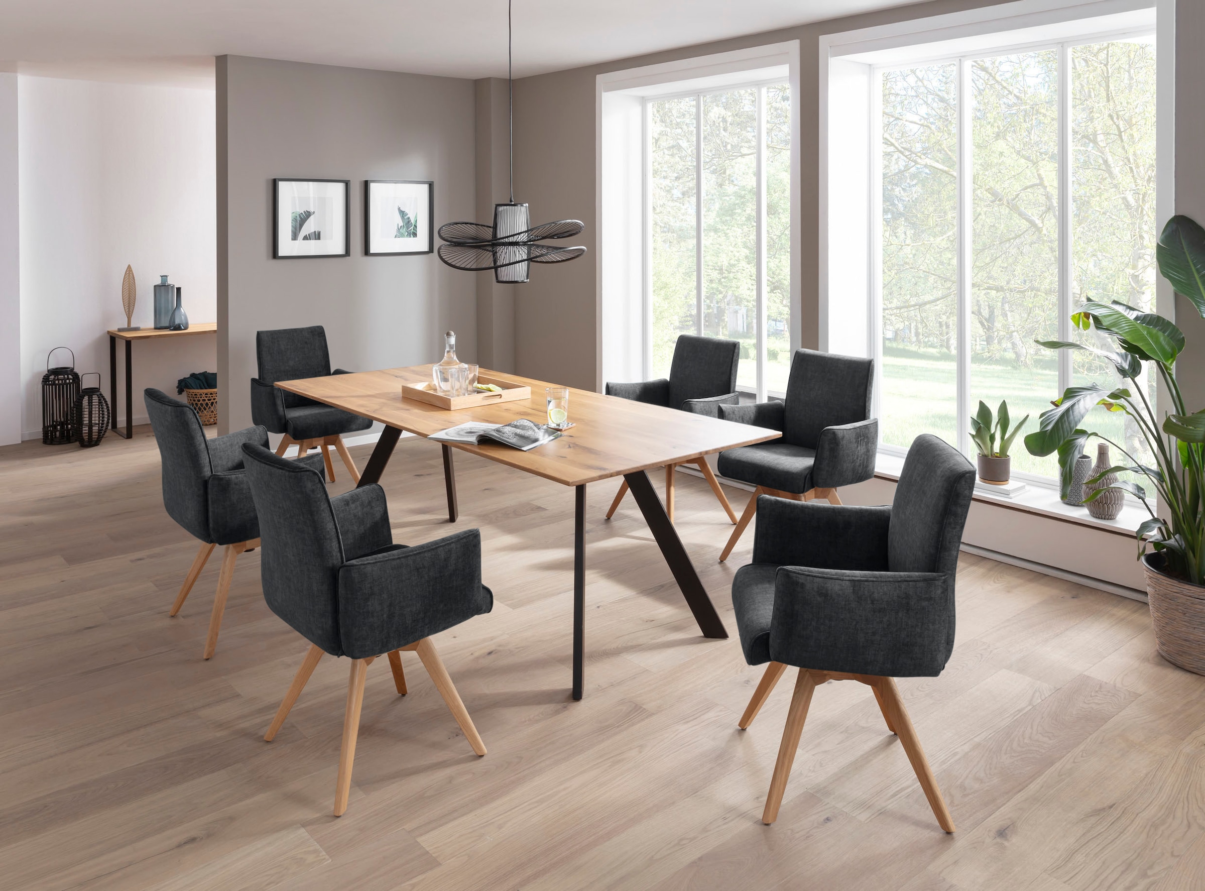 K+W Komfort & Wohnen Drehstuhl, Flachgewebe H2O 660, Armlehnenstuhll mit 360° Drehfunktion massives Holzuntergestell