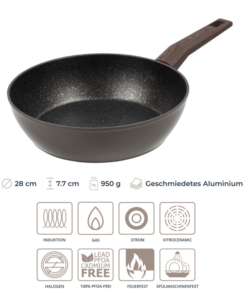 RESTO Kitchenware Bratpfanne »Carina, tiefe Schmorpfanne mit holzähnlichem Soft-Touch-Griff«, Aluminium, (1 tlg.), mit Marmor-Antihaftbeschichtung, 4-lagig, für alle Herdarten geeignet