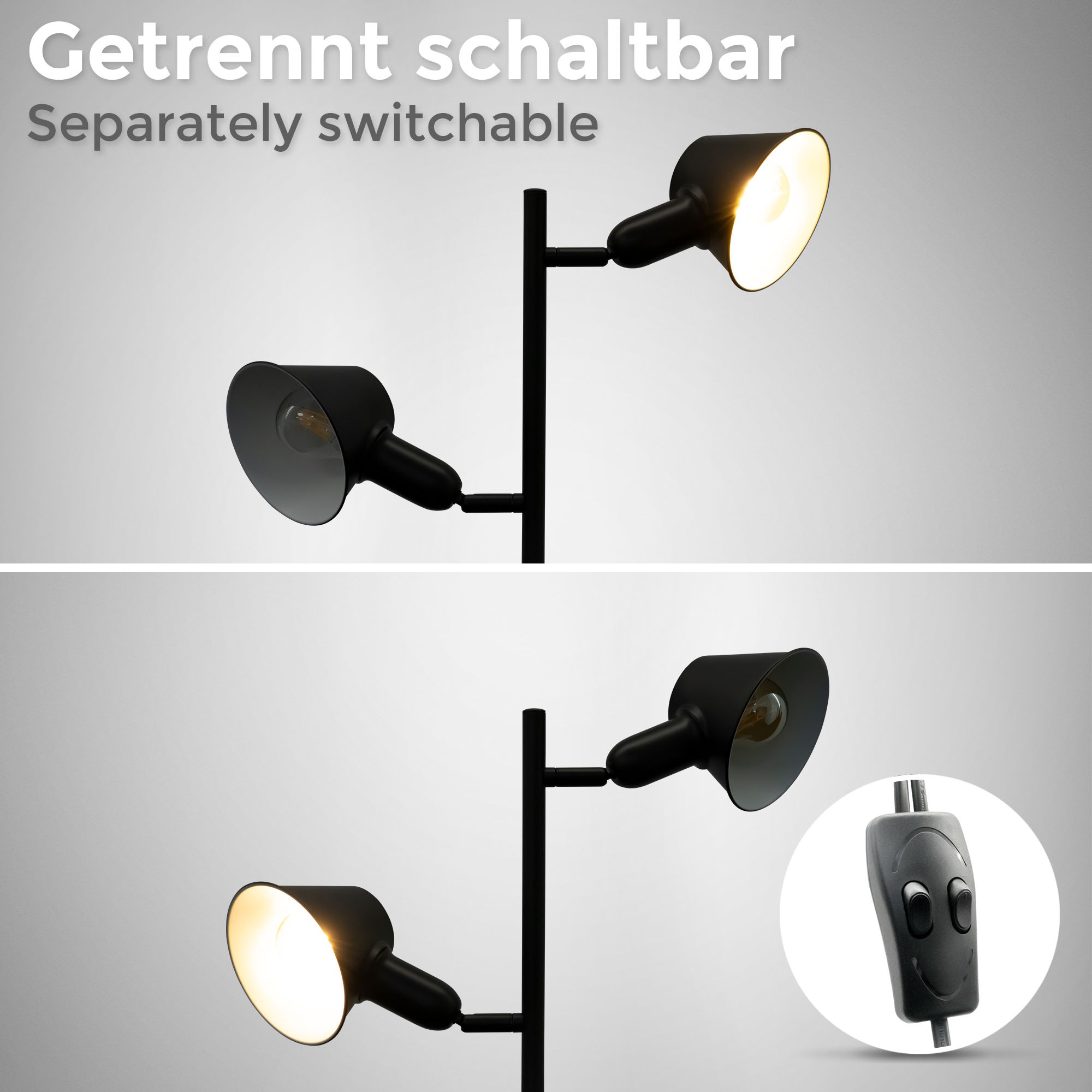 B.K.Licht Stehlampe »Design-Stehlampe, inkl. Doppel-Kippschalter«, 2 flammig, Leuchtmittel E27 | ohne Leuchtmittel, Schwarz, Metall, 2x E27-Fassung, H: 142,5cm