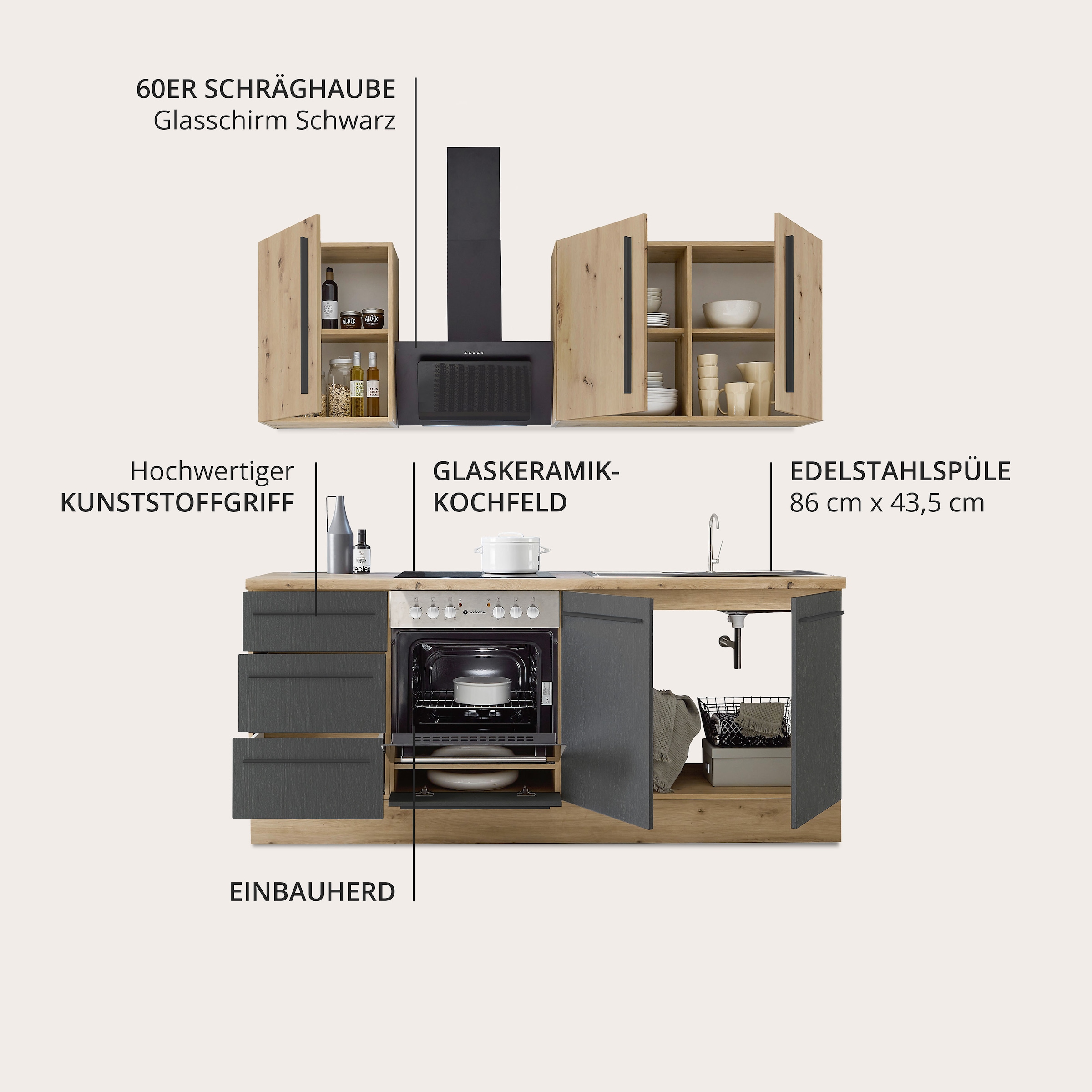 KOCHSTATION Küchenzeile »KS-Florida mit 38mm starker Arbeitsplatte«, Breite 210 cm, wahlweise mit E-Geräten, Soft-Close-Funktion