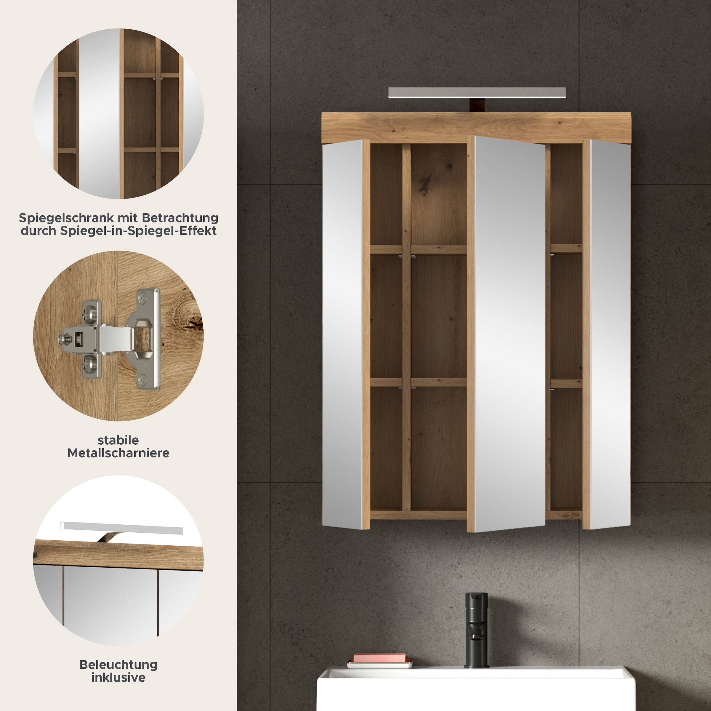 welltime Badezimmerspiegelschrank »SIENA, Breite 60cm, inkl. Beleuchtung, 3 Spiegeltüren, 9 Fächer« Set, TOPSELLER!,  in verschiedenen Farben erhältlich, Badmöbel, Badschrank, Schrank, Bad