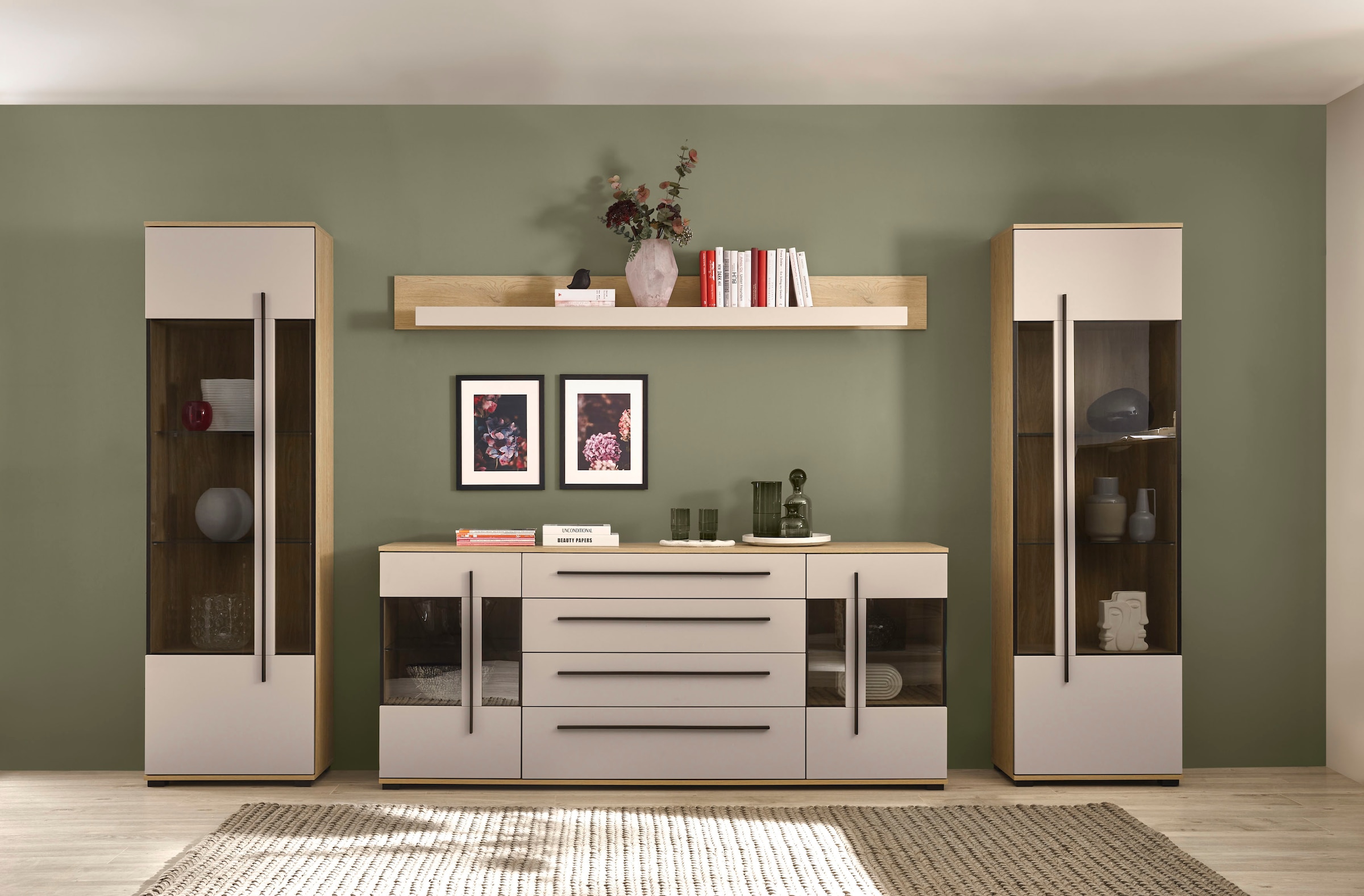 Home affaire Wohnwand »Cantara, Anbauwand, Wohnzimmer-Set, in Eiche Evoke, Weiß oder Kaschmir« Set, 
