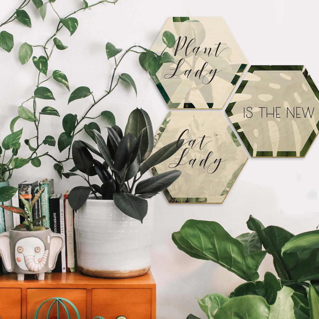 Wall-Art Holzbild »Plantlady is the new Catlady«, Grafik, (Set, Dekoratives Bild)