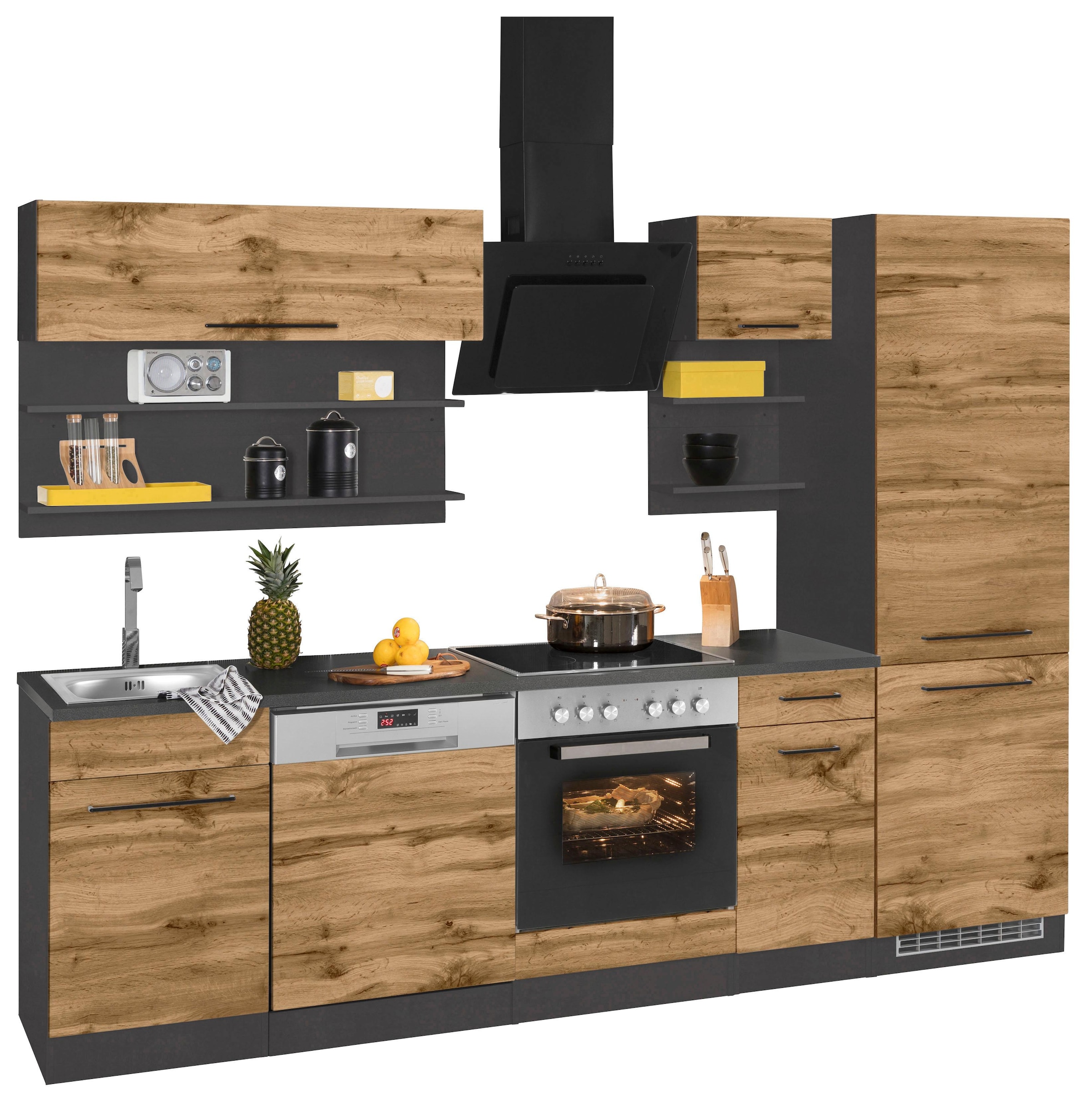 KOCHSTATION Küchenzeile »KS-Tulsa«, mit E-Geräten, Breite 270 cm, schwarze Metallgriffe, MDF Fronten
