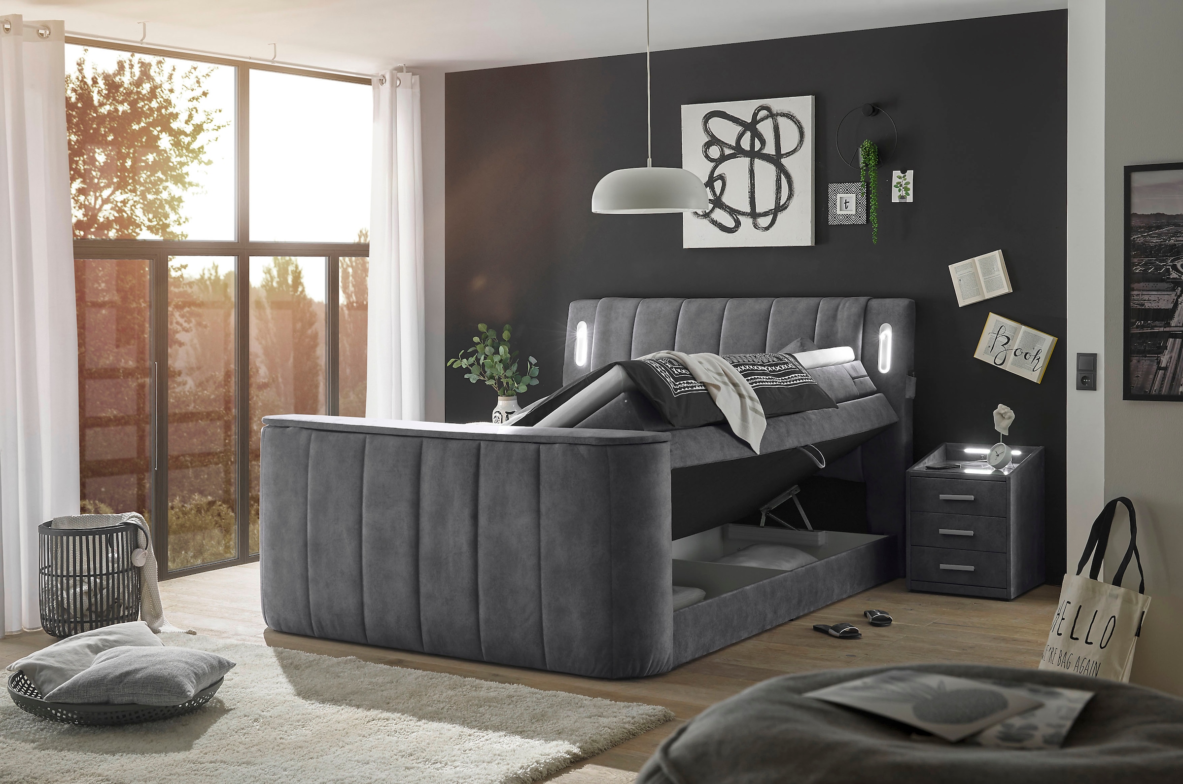 ED EXCITING DESIGN Boxspringbett »Dallas«,  inkl. Topper, LED-Beleuchtung, TV Halterung (bis 40 Zoll) und 2 Bettkästen