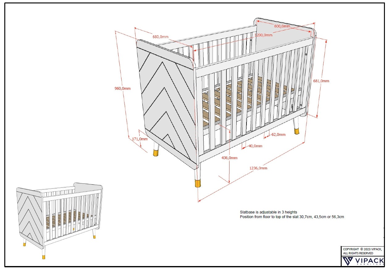 Vipack Kinderbett, (Made in Europe), m. LF 60x120cm, verst. Lattenboden, MDF lackiert, wahlweise 3 Farben