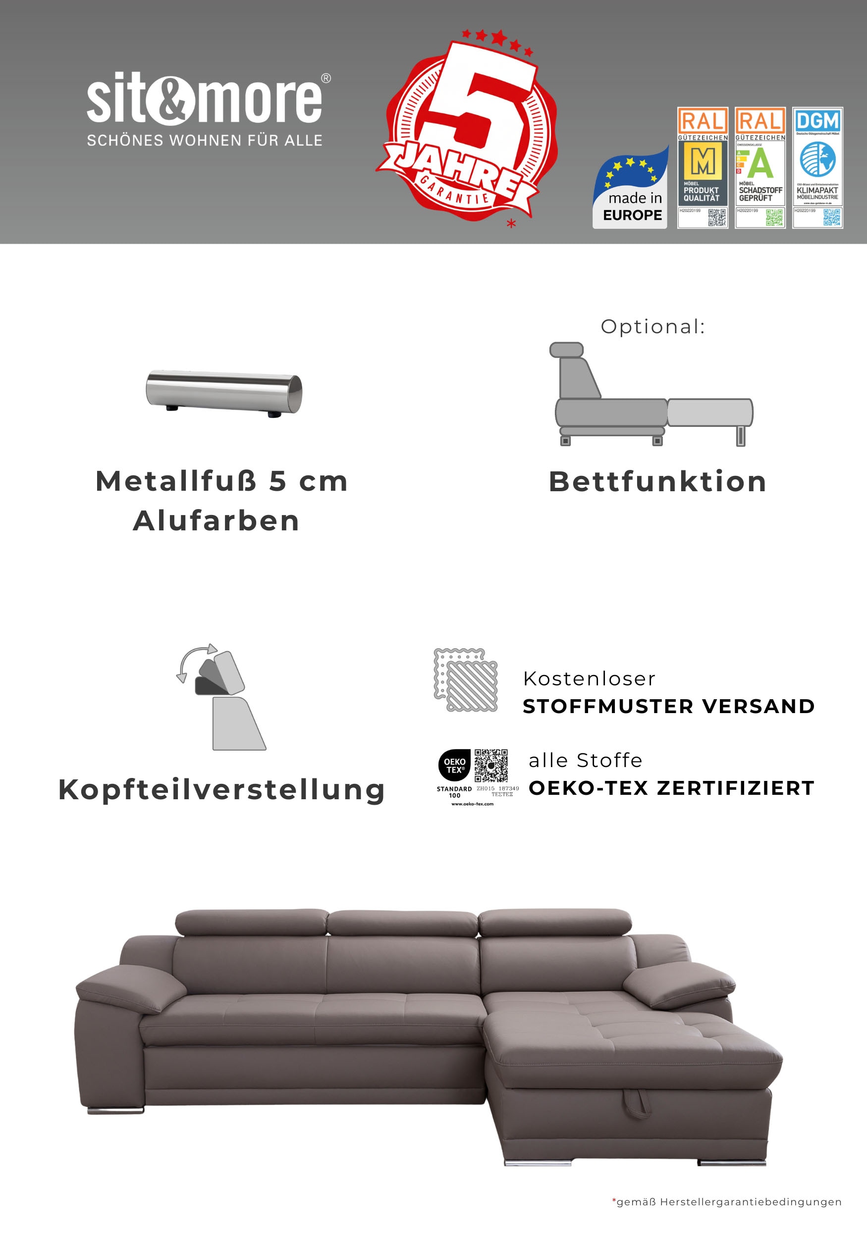 Wohnlandschaft »Andiamo U-Form, B: 336 cm, Kopfteilverstellung, XXL-Sofa« optional Schlaffunktion, frei stellbar, Couch für Wohnkomfort