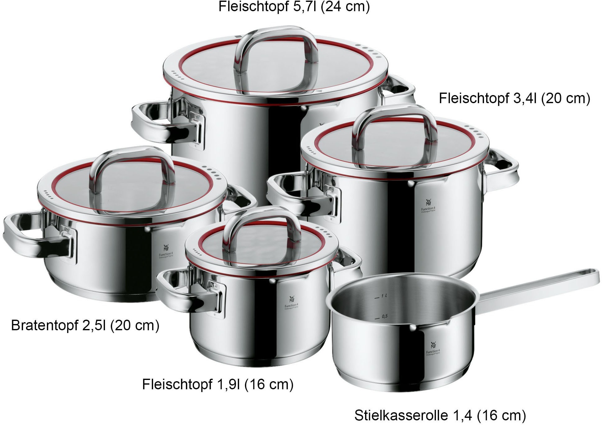 WMF Topf-Set »Function 4«, 5-teiliges Top-Set mit Glasdeckel, unbeschichtet günstig online kaufen