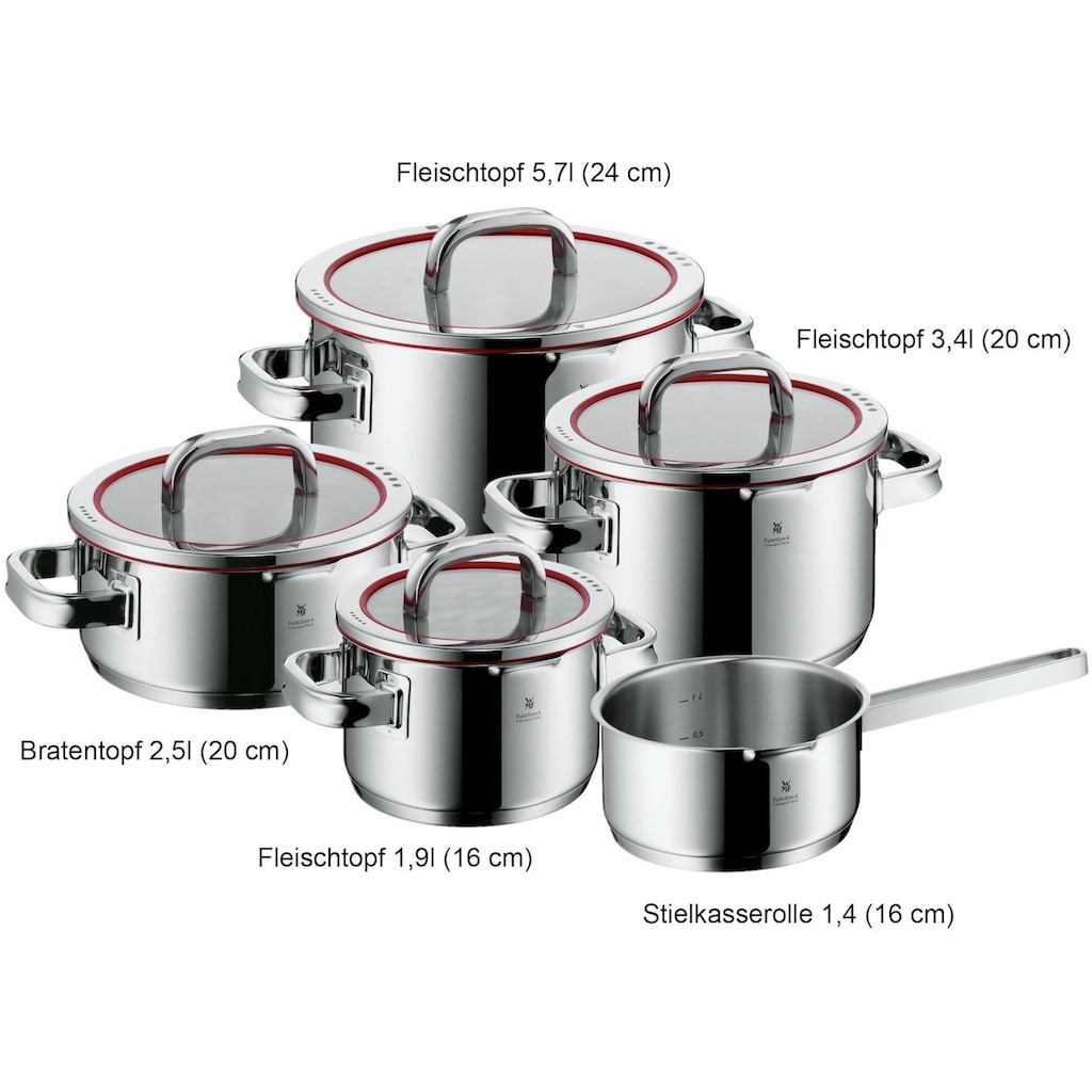 WMF Topf-Set »Function 4«, Cromargan® Edelstahl Rostfrei 18/10, (Set, 5 tlg., 1 Bratentopf 20cm, je 1 Fleischtopf 16/20/24cm, 1 Stielkasserolle 16cm)