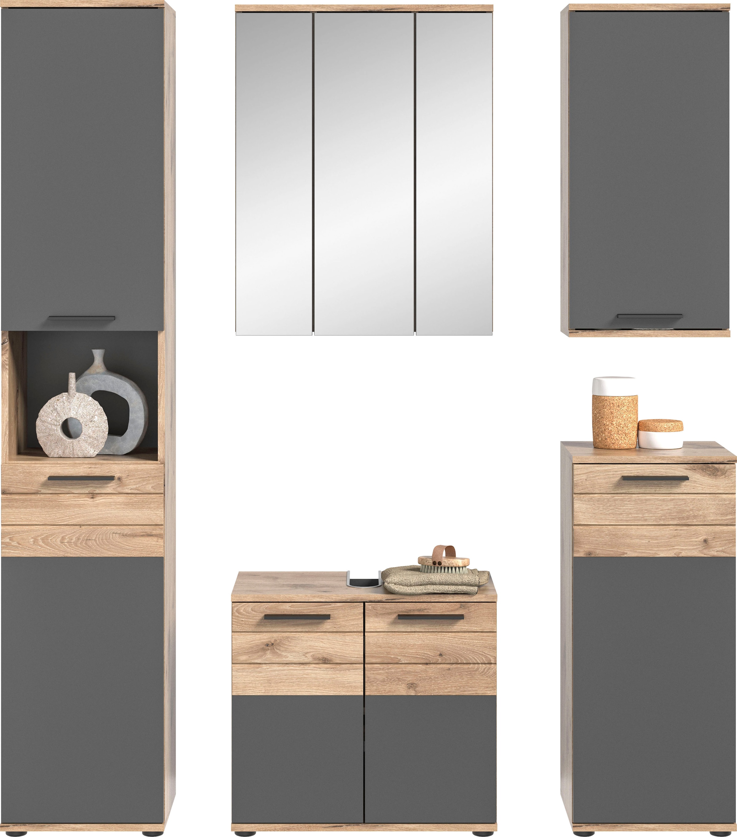 INOSIGN Badmöbel-Set »Riga, 5 teilig, bestehend aus:«, (Set, 5 St.), Hochschrank, WBU, Spiegel, Unterschrank, Hängeschrank