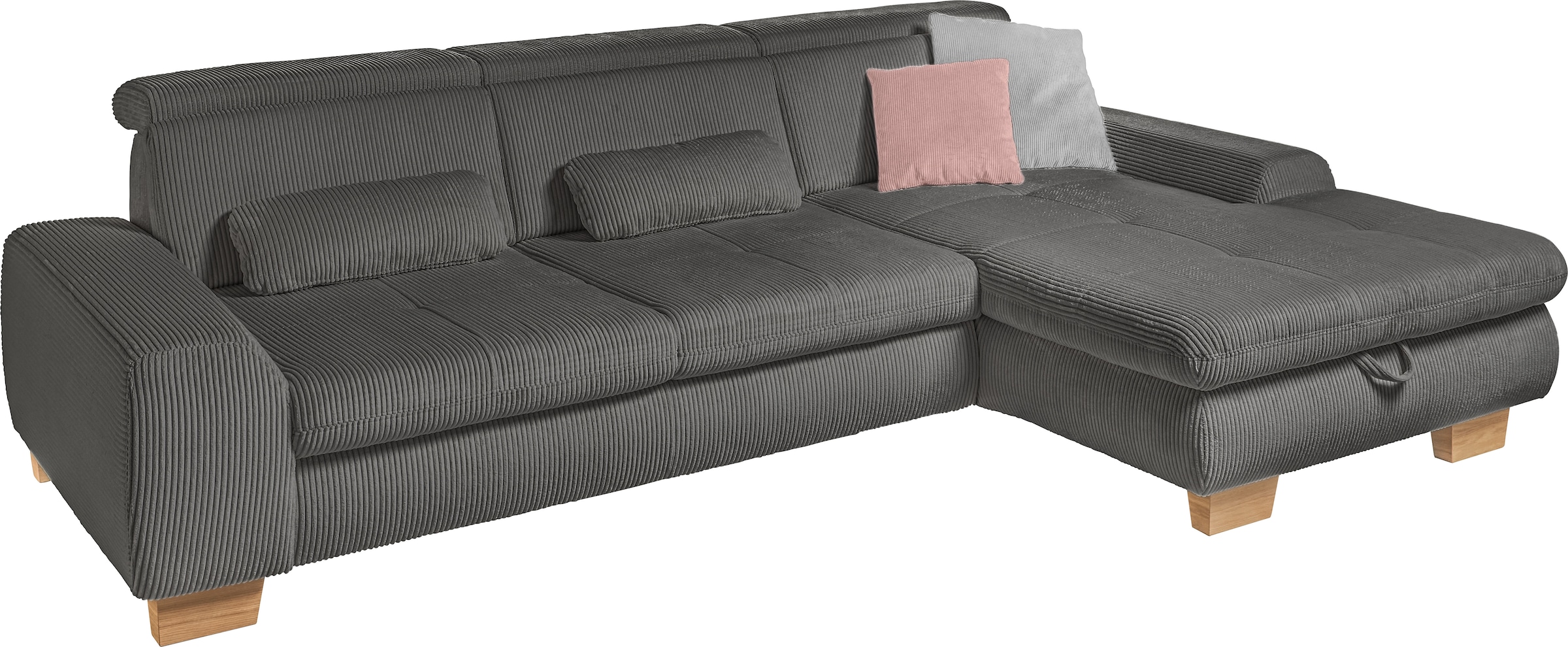 set one by Musterring Ecksofa »SO 3400 Sitzhöhe 47cm oder 49cm, Sitztiefe verstellbar, B/T: 307/195cm«, Kopteil verstellbar, mit Bettfunktion, in Cord, anthrazit, Sitzhöhe 47