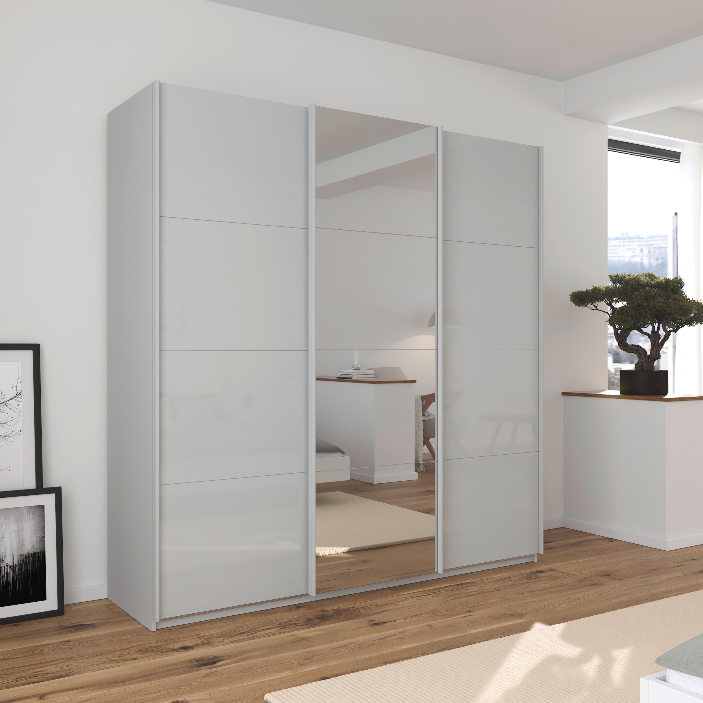rauch Schwebetürenschrank »Kleiderschrank Kleiderschränke Schrank Garderobe AGORDO mit Glasfront«, durchdachte Innenausstattung, in 4 Breiten und 2 Höhen MADE IN GERMANY
