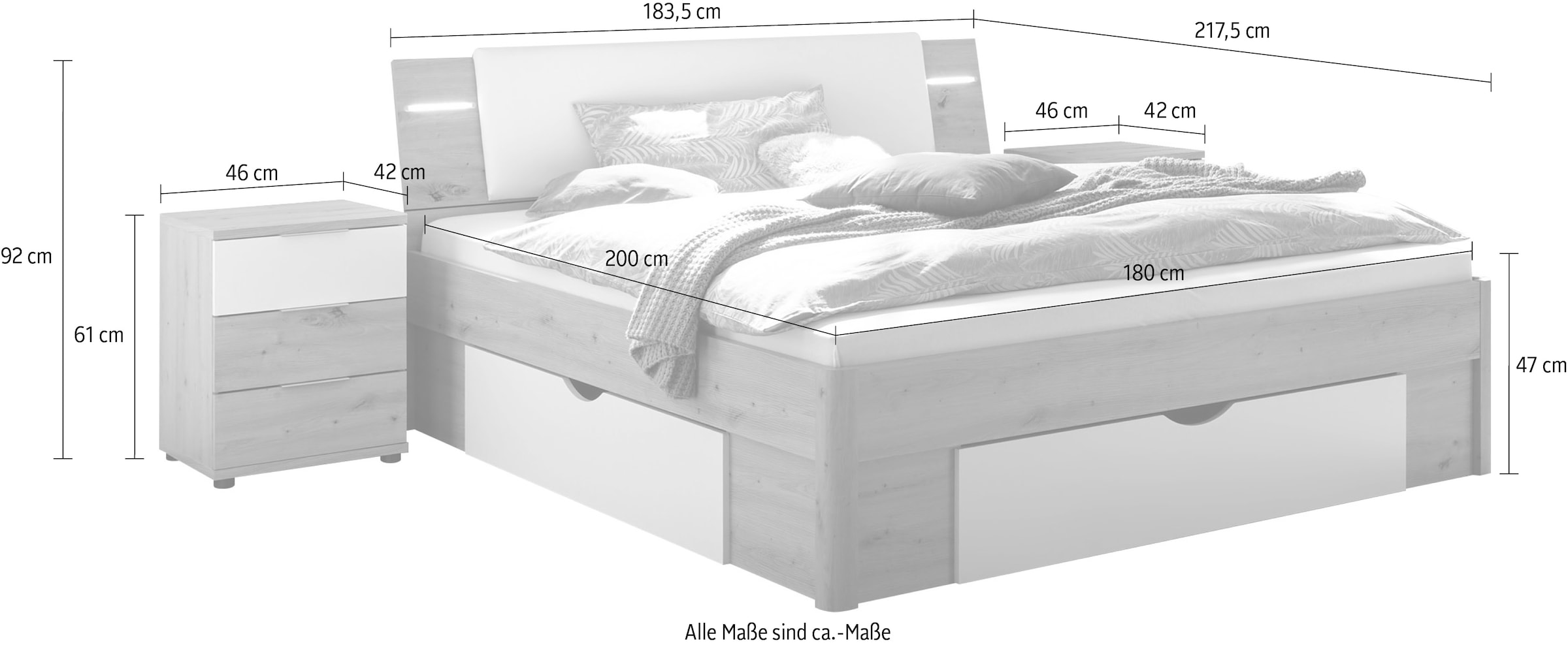 Schlafkontor Bettanlage »Florida«, inklusive LED-Beleuchtung mit 3 Schubkästen und Nachtkonsolen 2-er Set