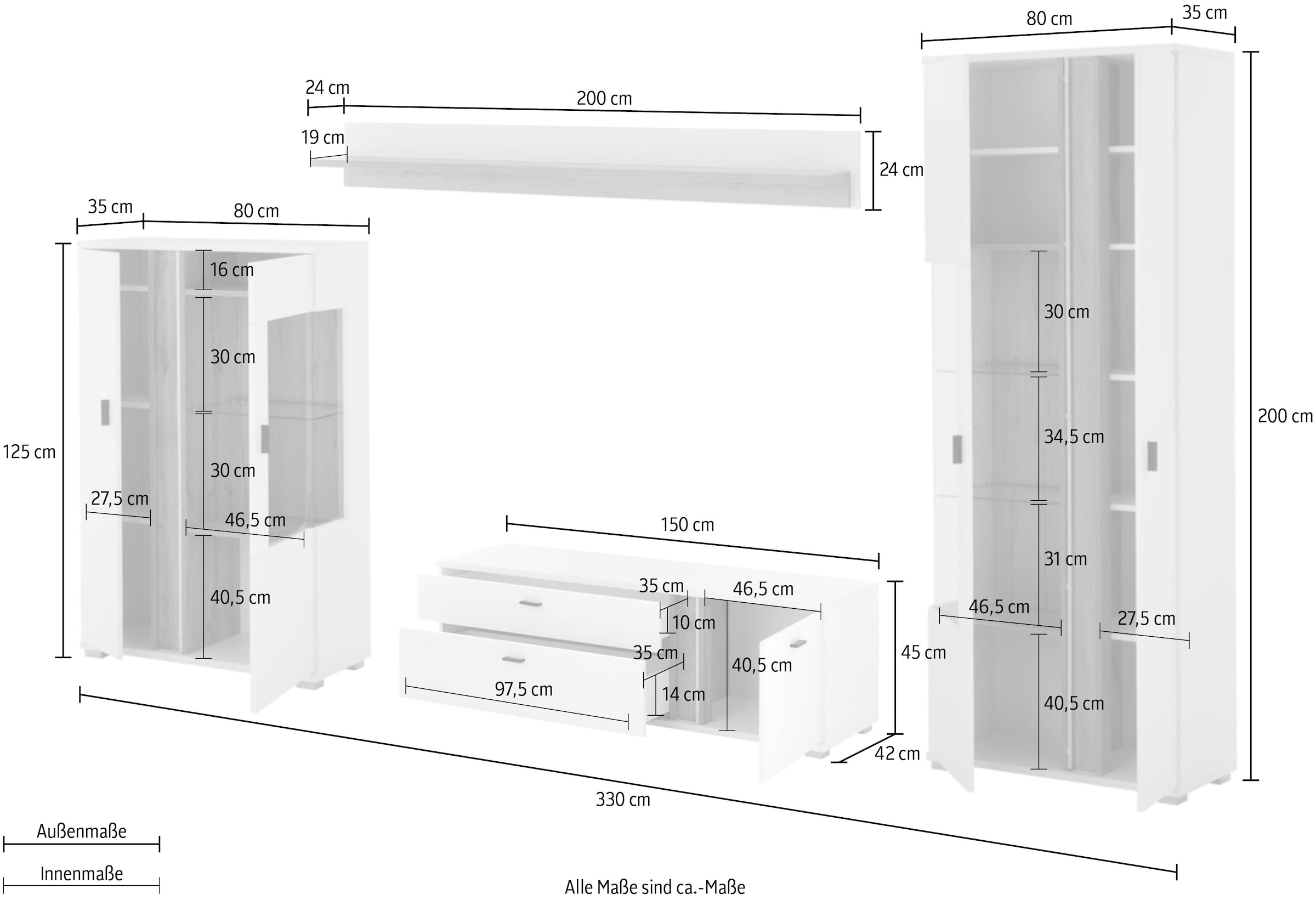 INOSIGN Wohnwand »LONG ISLAND«, (Set, 4 St.), in moderner Trendfarbe,inklusive senkrechter Beleuchtung,Breite 330 cm