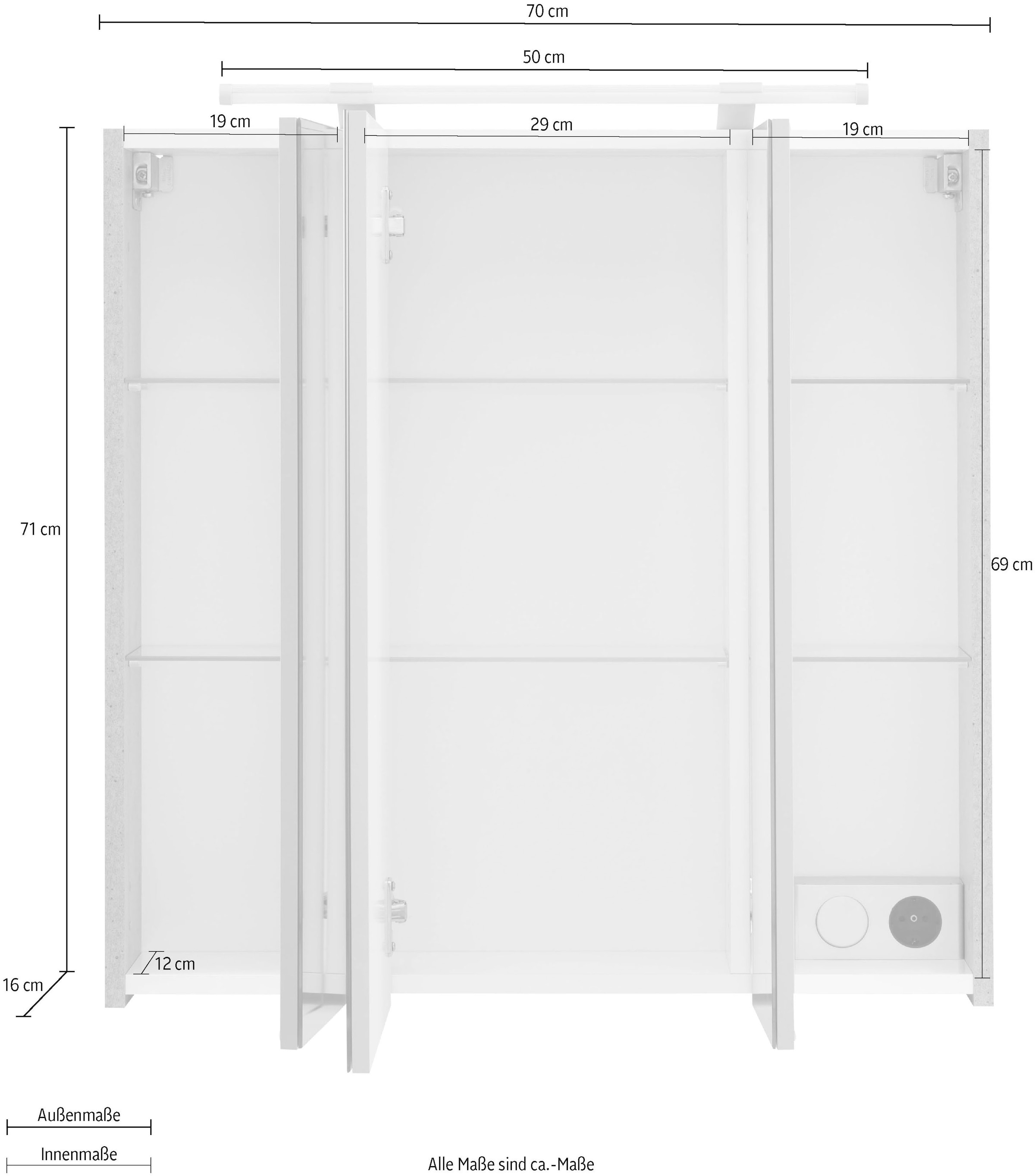 Schildmeyer Spiegelschrank »Dorina«, Breite 70 cm, 3-türig, LED-Beleuchtung, Schalter-/Steckdosenbox