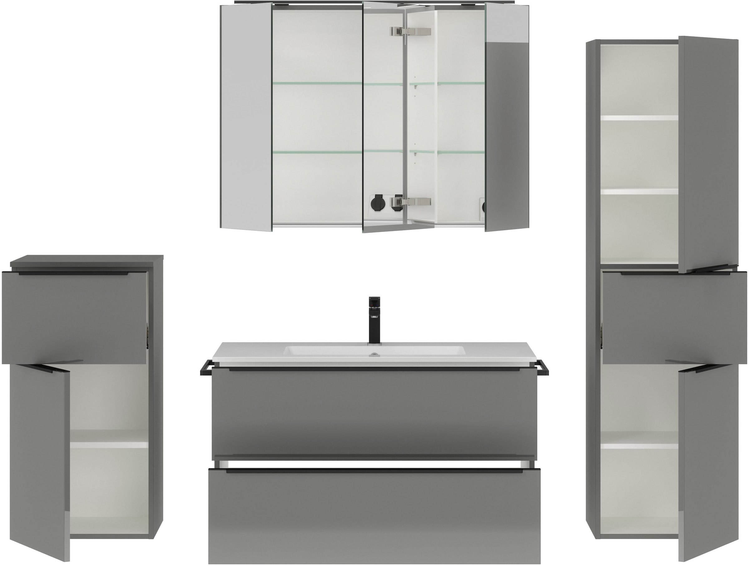 nobilia® Badmöbel-Set »Levere«, (4 St., vormontiert, mit Soft-Close), inkl. Spiegelschrank mit Beleuchtung und Dimmerfunktion, in 4 Breiten