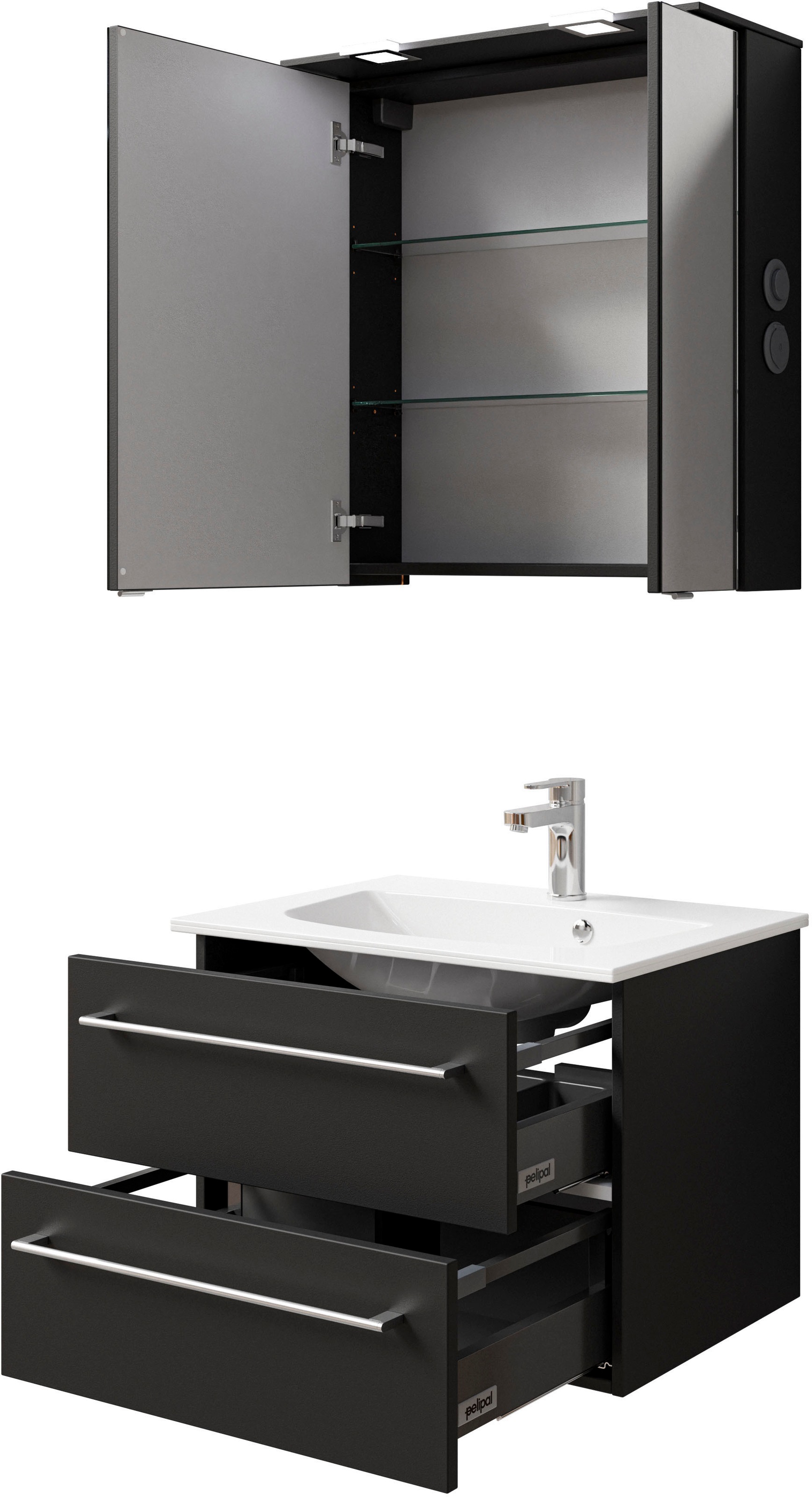 Saphir Badmöbel-Set »Serie 6025 2-teilig Mineralmarmor-Waschtisch mit LED-Spiegelschrank«, (2 St.), Waschplatz 67 cm breit, 2 Schubladen, 2 Spiegel-Türen, inkl Türdämpfer